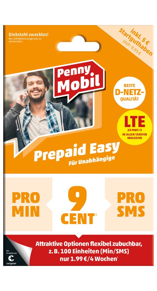Penny Mobil Prepaid Easy Simkarte mit 5€ Startguthaben Prepaidkarte, (EU-Roaming inkl. Schweiz)