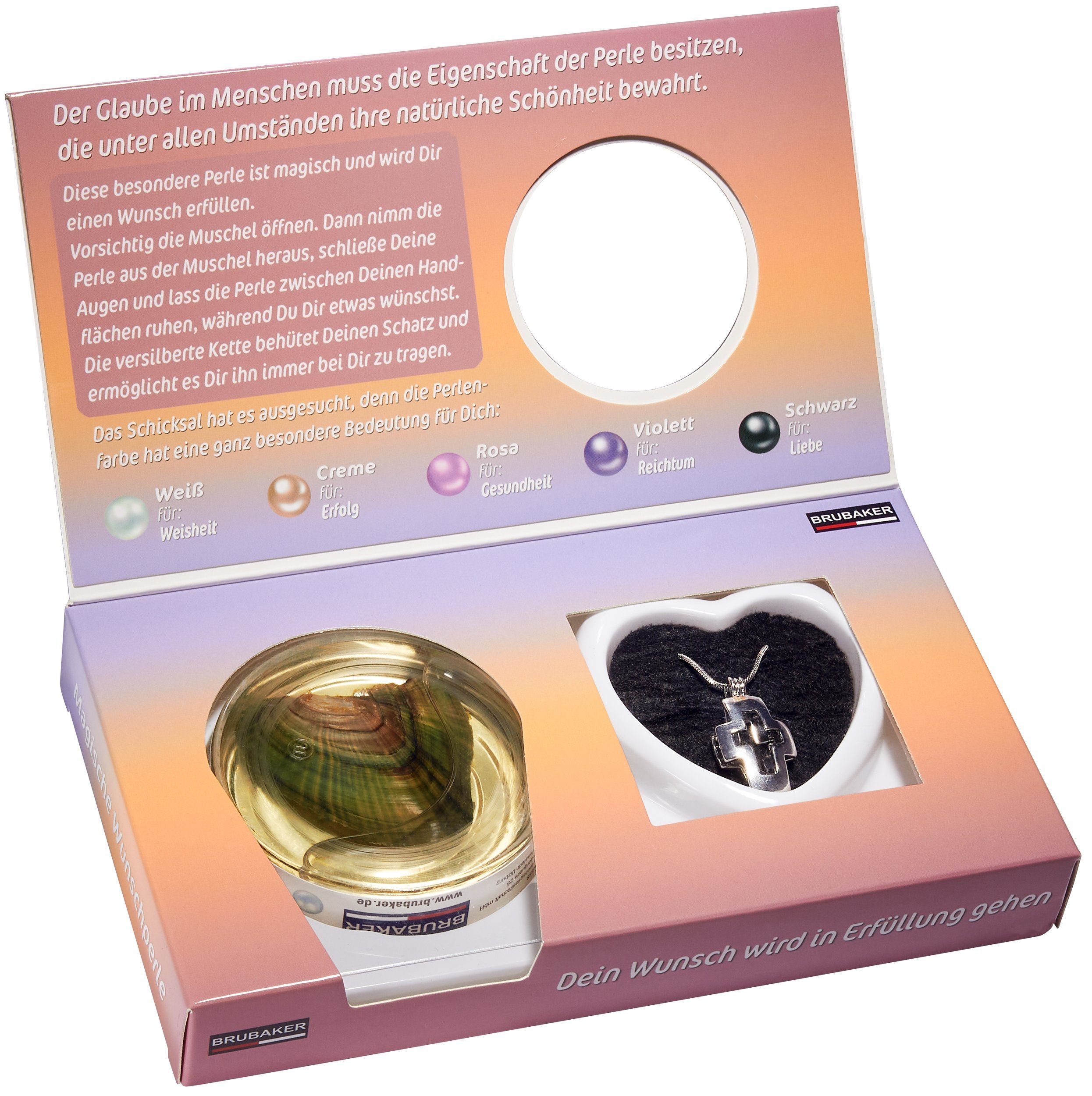 BRUBAKER Perlenketten-Set Glaubens-Wunschperle für Gebete (4-tlg., Geschenkset mit Silberkette und Muschel), Halskette mit Kreuz-Anhänger und echter Perle