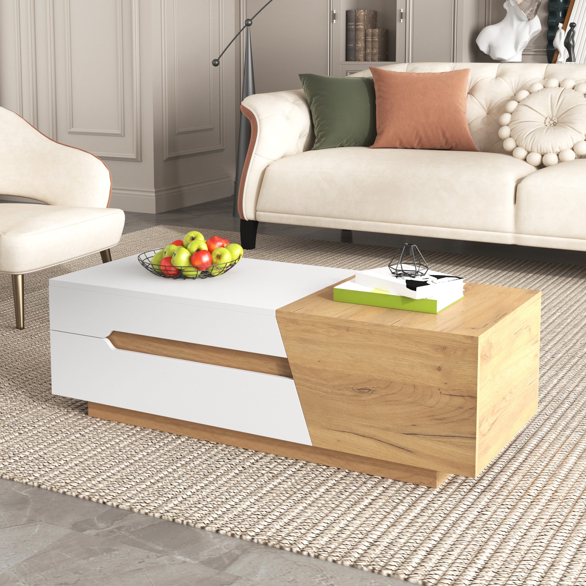 BBWL Couchtisch Modern ausziehbarer Couchtisch mit Schubladen in Weiß und Holzoptik (120x50x37.5 cm großer Wohnzimmertisch mit innovativem Schiebedesign und pra – Bild 4 von 5