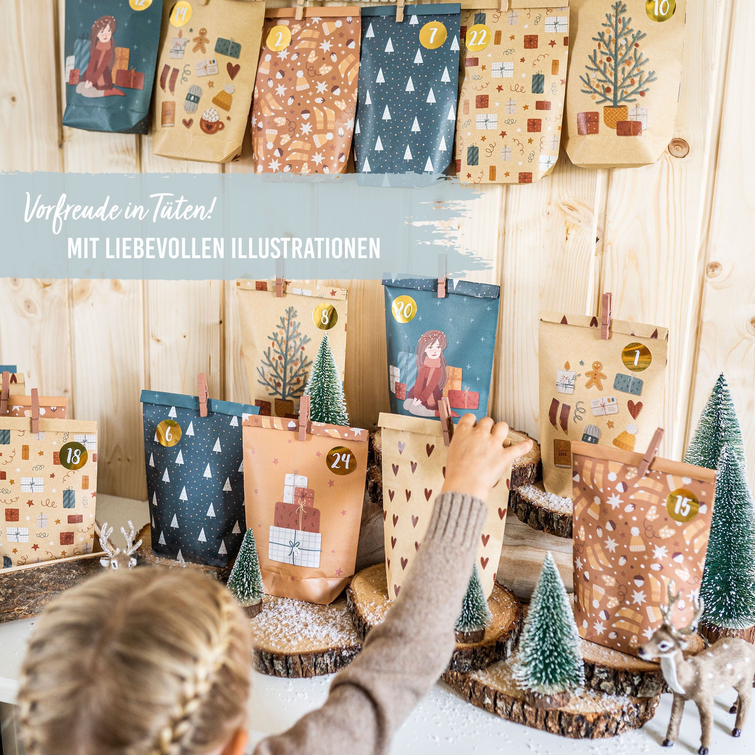 PAPIERDRACHEN befüllbarer Adventskalender Adventskalender mit bedruckten Tüten, Adventskalender zum selber befüllen