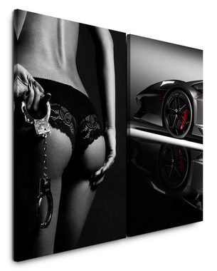 Sinus Art Leinwandbild 2 Bilder je 60x90cm Lamborghini Sexy Dessous Schwaz Weiß Traumauto Erotisch Handschellen