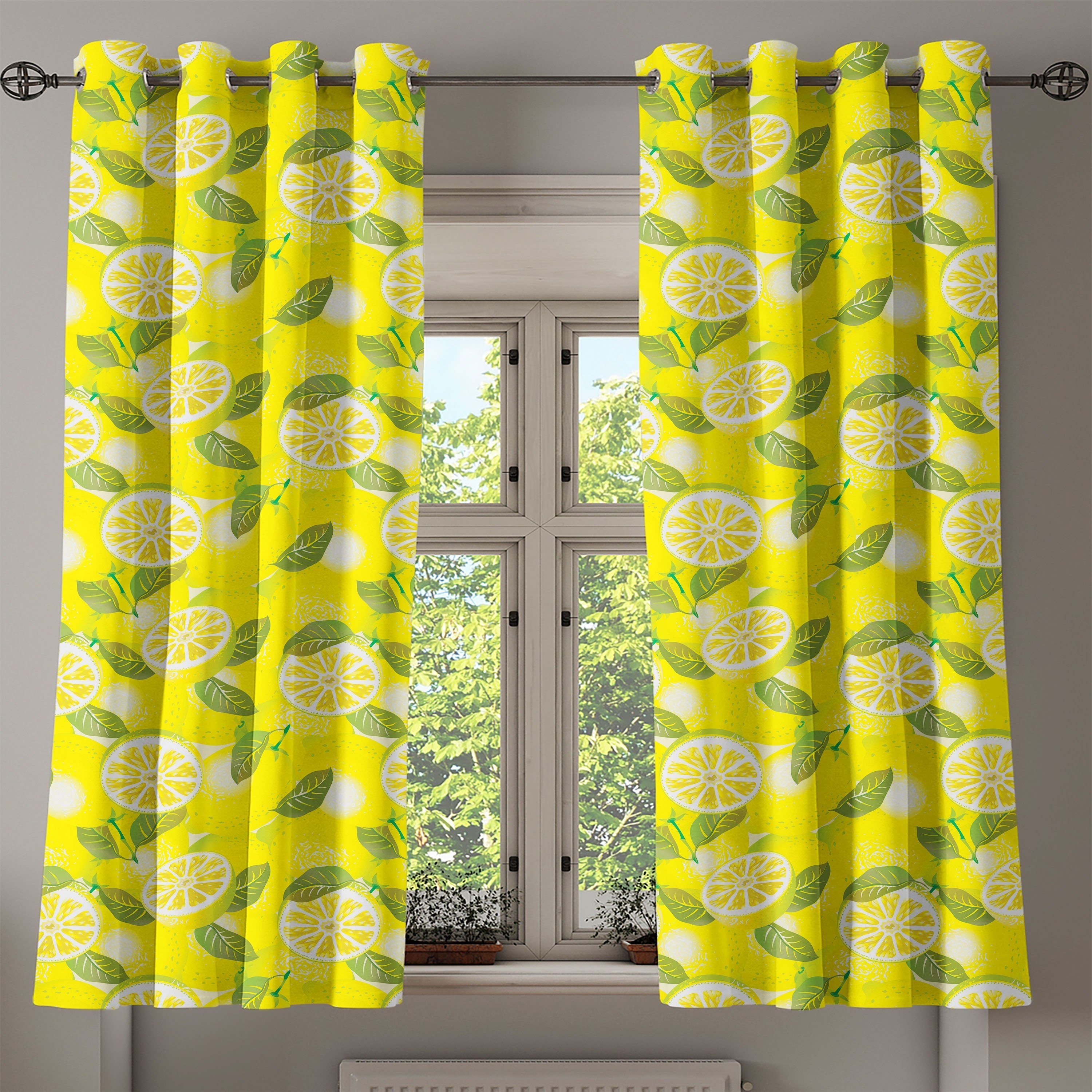 Gardine Frühling Dekorative Schlafzimmer Wohnzimmer, mit für Abakuhaus, Frische Blättern Zitronen 2-Panel-Fenstervorhänge