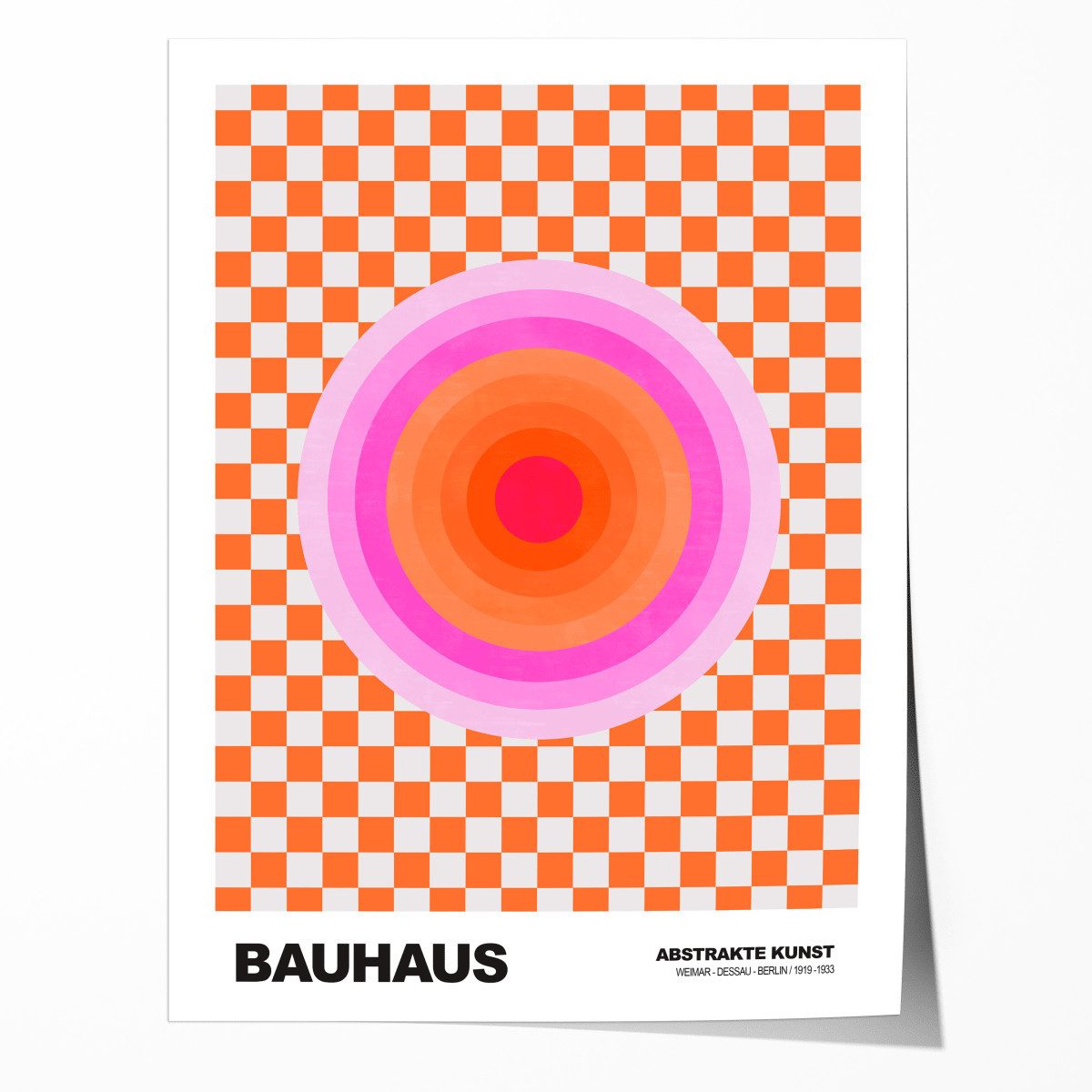 JUSTGOODMOOD Poster Bauhaus Abstrakte Kunst Pink Orange Kreis auf Schachbrett Muster Moder, (1 St)