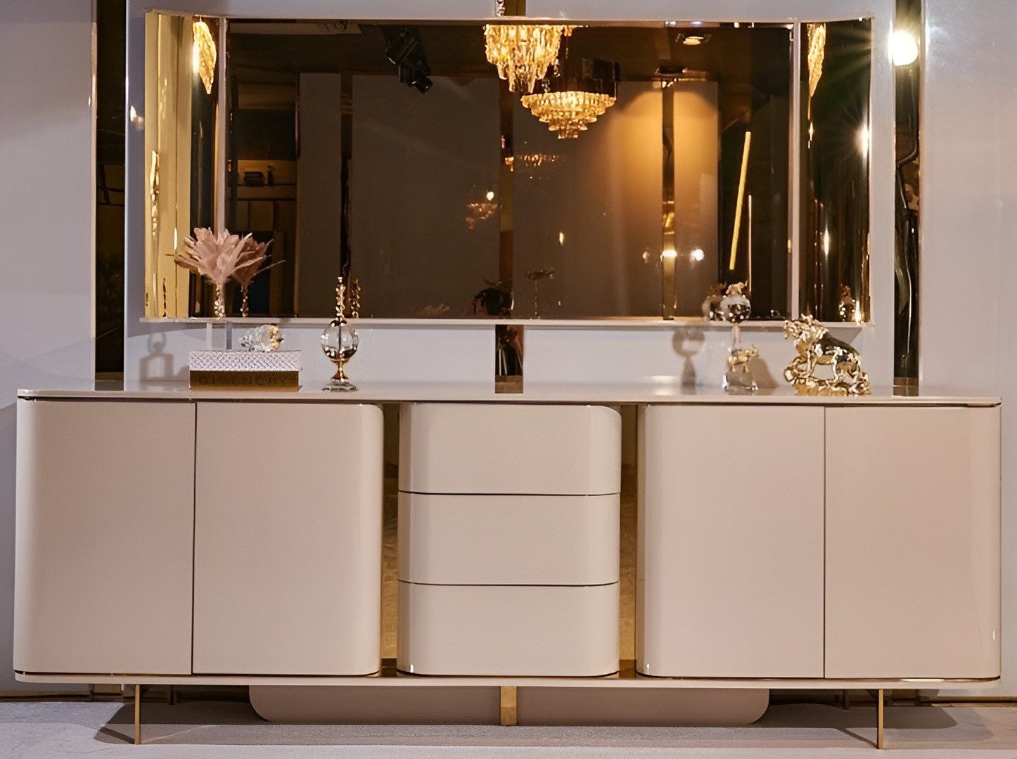Xlmoebel Sideboard Moderne Anrichte mit Spiegel aus Holz und Metall in Beige (Anrichte + Spiegel, 2 St., Anrichte + Spiegel), Hergestellt in Europa