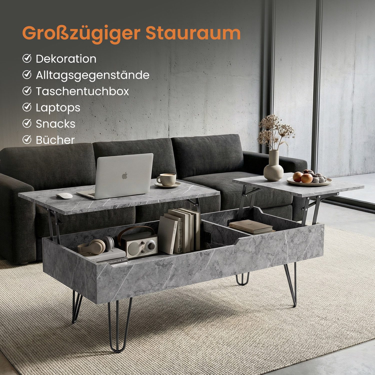 Gunuss Couchtisch höhenverstellbarer Wohnzimmertisch 100 *50*45cm Ablagefach Sofatisch (Kaffeetisch Ausziehbare Tischplatte,  Auszug), Beistelltisch mit Doppelte Hubplatte