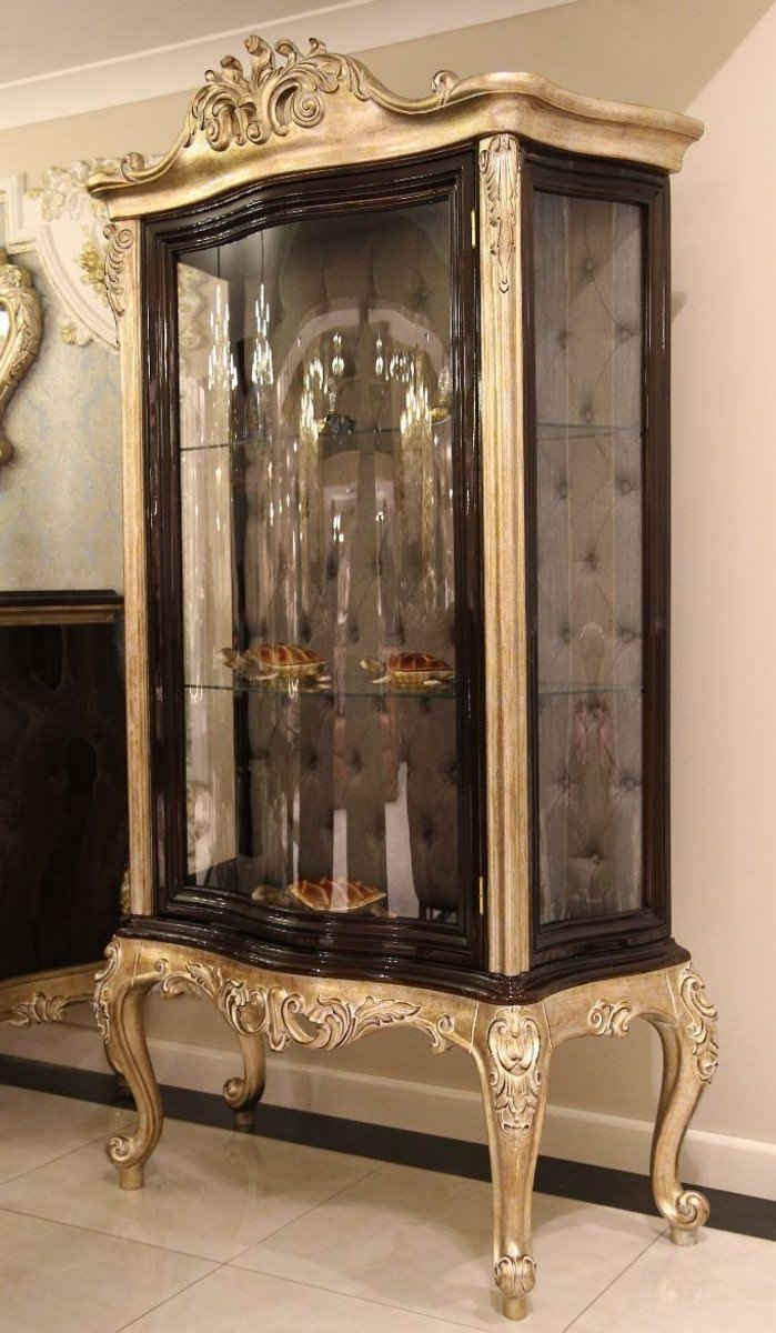 Casa Padrino Vitrine Luxus Barock Vitrine Dunkelbraun / Beige / Gold 120 x 50 x H. 205 cm - Massivholz Vitrinenschrank - Wohnzimmerschrank - Edle Barock Möbel