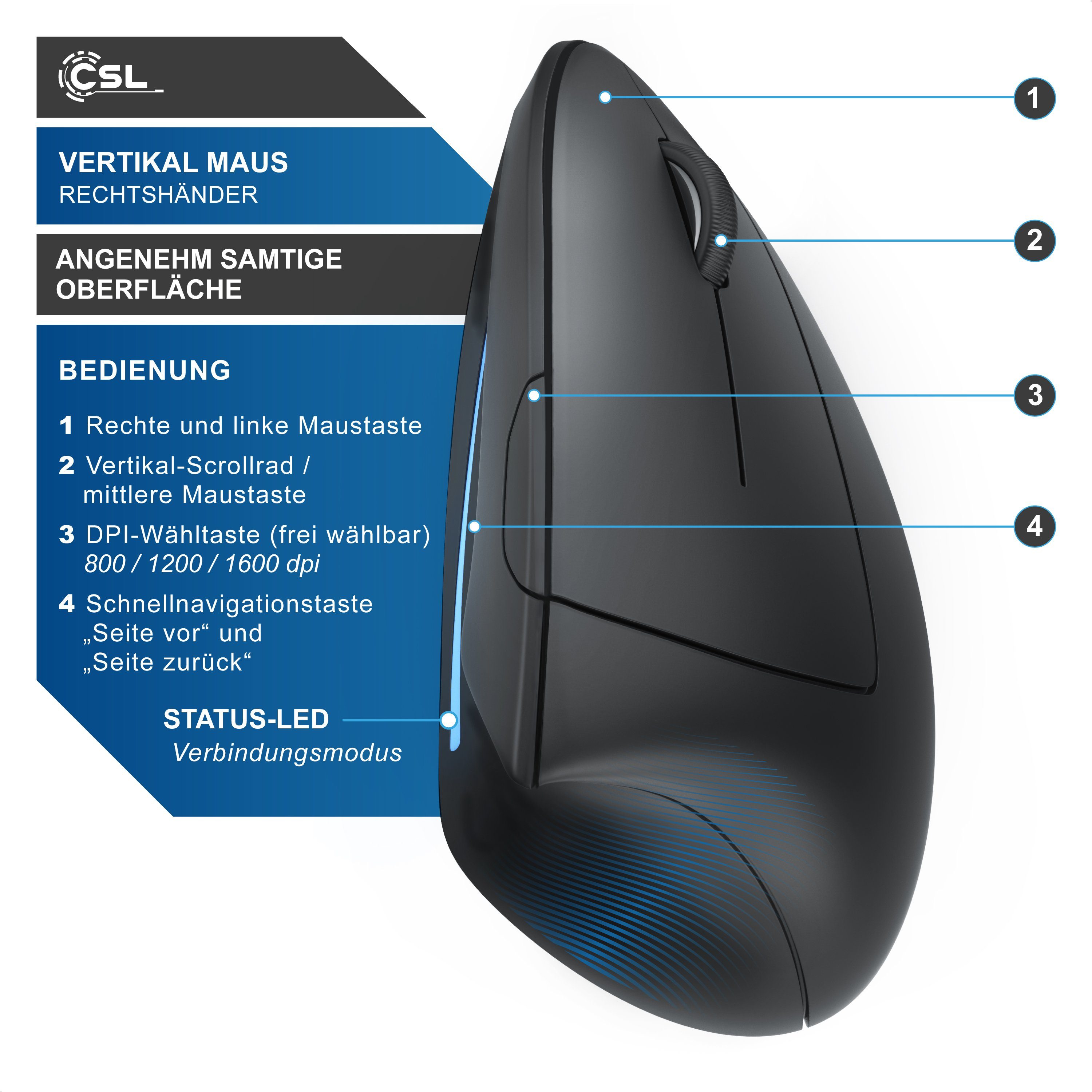 CSL Vertikalmaus, Kabellose mit Bluethooth ergonomische Maus (Bluetooth, Vorbeugung gegen Mausarm, für PC Laptop Notebook und Tablet)
