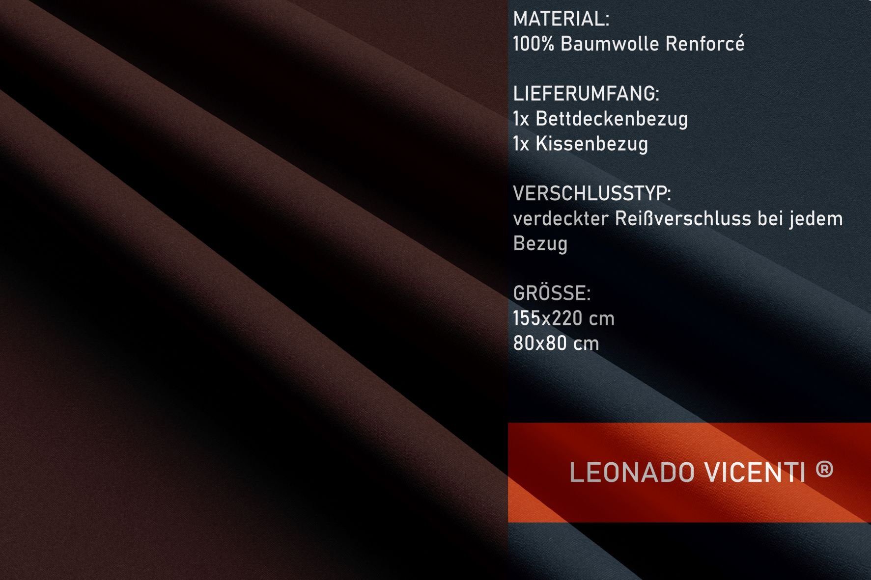 Leonado Vicenti Bettwäsche Baumwolle 135x200, 155x200, 155x220, 200x200, 200x220 oder 240x220, Renforcé, 2 teilig, Einfarbig mit Reißverschluss – Bild 4 von 5