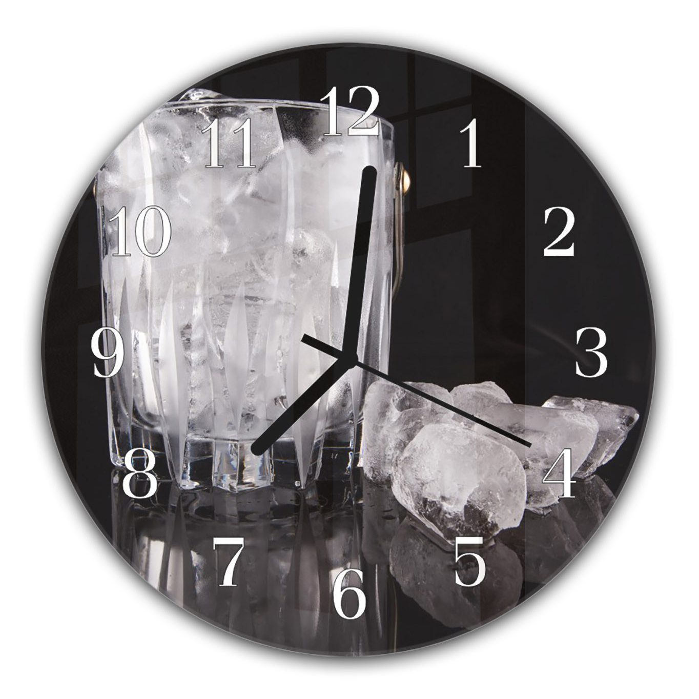 Primedeco Wanduhr Wanduhr aus Glas mit Motiv Eiswürfel im Glas - Rund mit Durchmesser 30 cm und Quarzuhrwerk