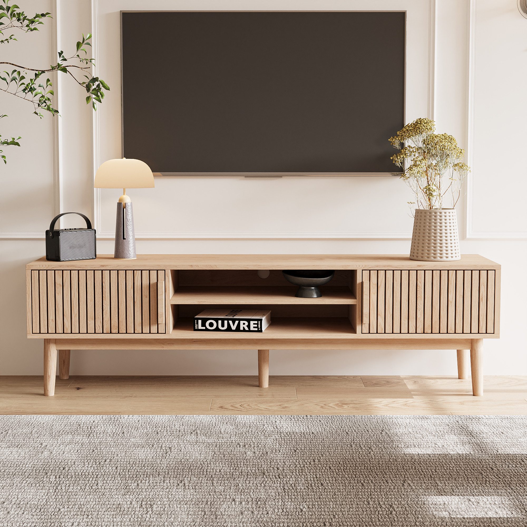 FUROKOY TV-Schrank (150 cm Holzfarbenes Rattan-TV-Ständer, günstig online kaufen