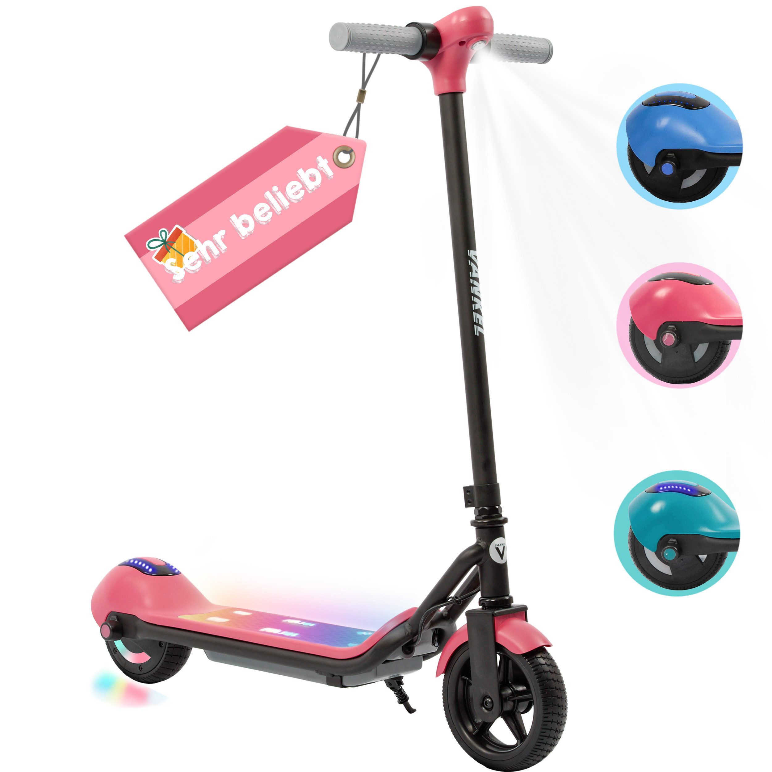 Vankel Elektro-Kinderroller E Scooter für Kinder, Cityroller 14 km/h, Bluetooth & Bunte Lichter, 5-9km, E-Bremse, sicherer Fahrspaß für Kinder ab 6 Jahren