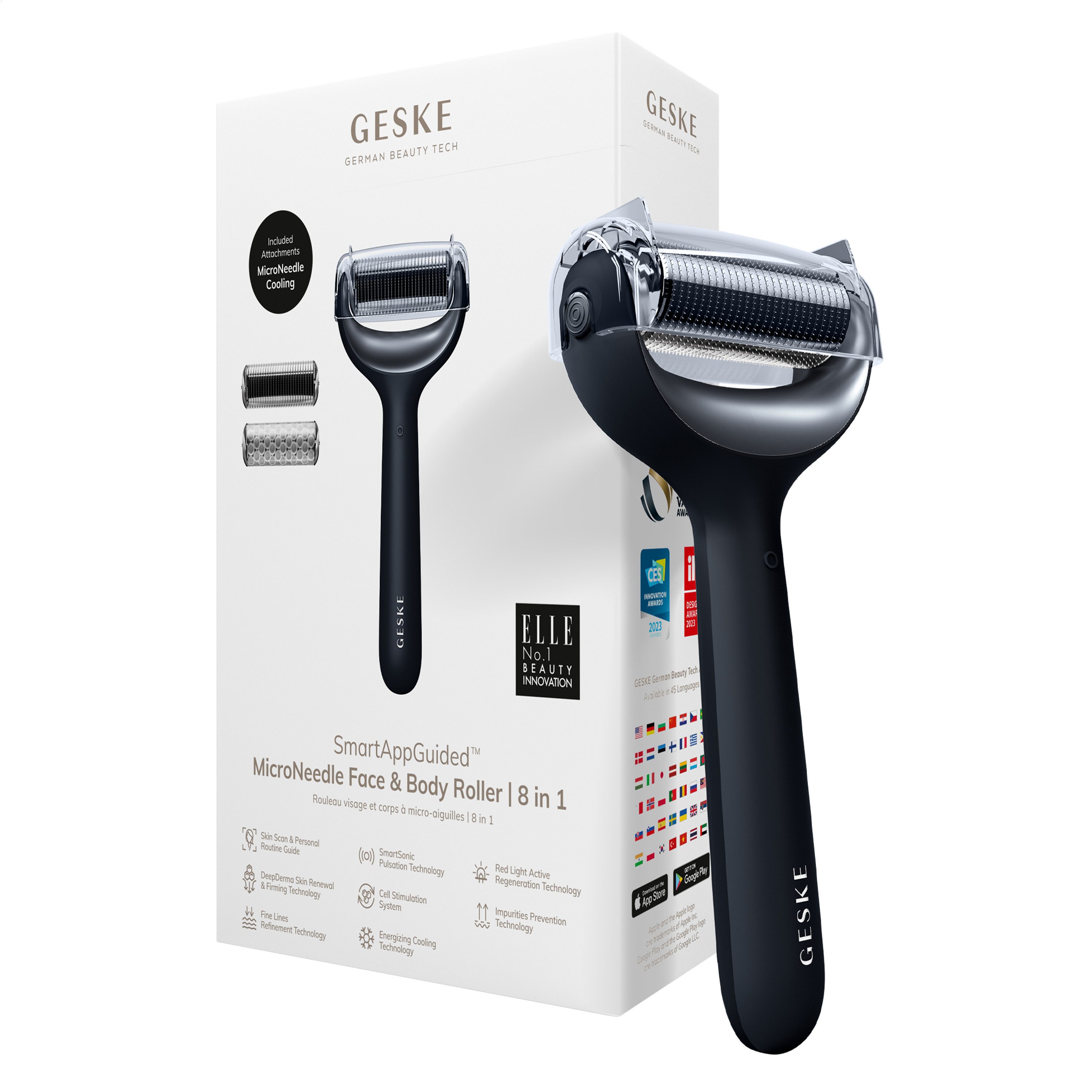 GESKE German Beauty Tech Micro-Needling SmartAppGuided™ MicroNeedle Face & Body Roller 8 in 1, Packung (Gerät & USB-Ladekabel), 4-tlg., Gerät inkl. kostenloser APP (SmartAppGuided Device), Mit der GESKE App erhältst Du deine personalisierte Уход за кожейroutine.