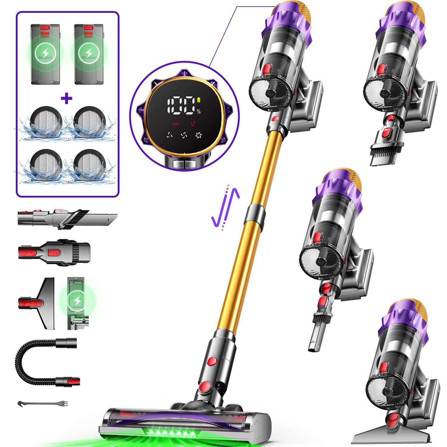 Hiazurm Akku-Hand-und Stielstaubsauger Akku Staubsauger,80000pa Akkusauger,70Min/1,8L, 700 W, Kabelloser Staubsauger mit LED-Display,Batterie*2,HEPA*4, Super Leise Stabstaubsauger für Tierhaare und Teppiche