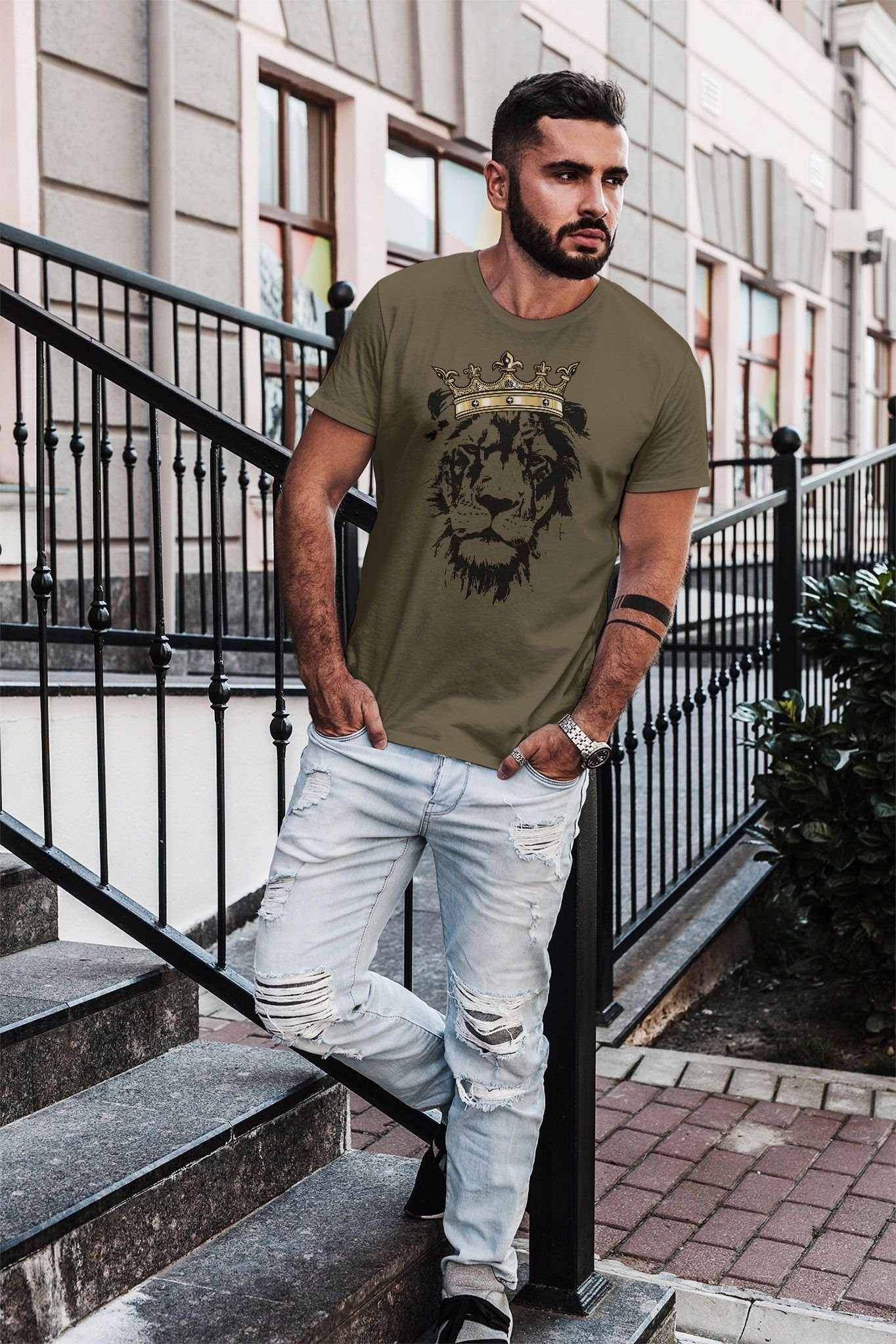 Fit mit Neverless® Krone mit der König Tiere Print-Shirt T-Shirt Neverless Herren grün Slim Löwen-Kopf Print