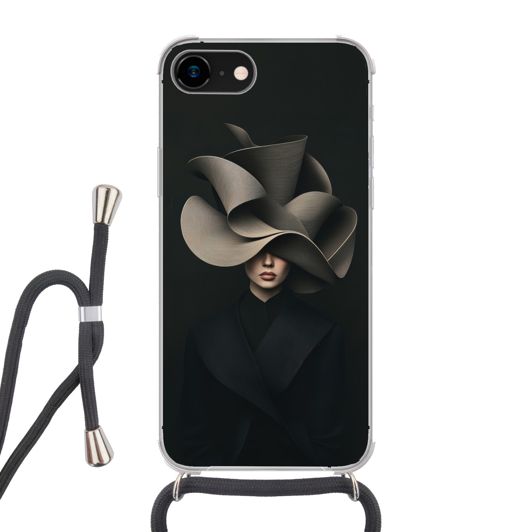 MuchoWow Handyhülle für Apple iPhone 8 Schwarz - Hut - Frau, Tragbare Handyhüllen mit Kette zum umhängen, Handykette Handyband