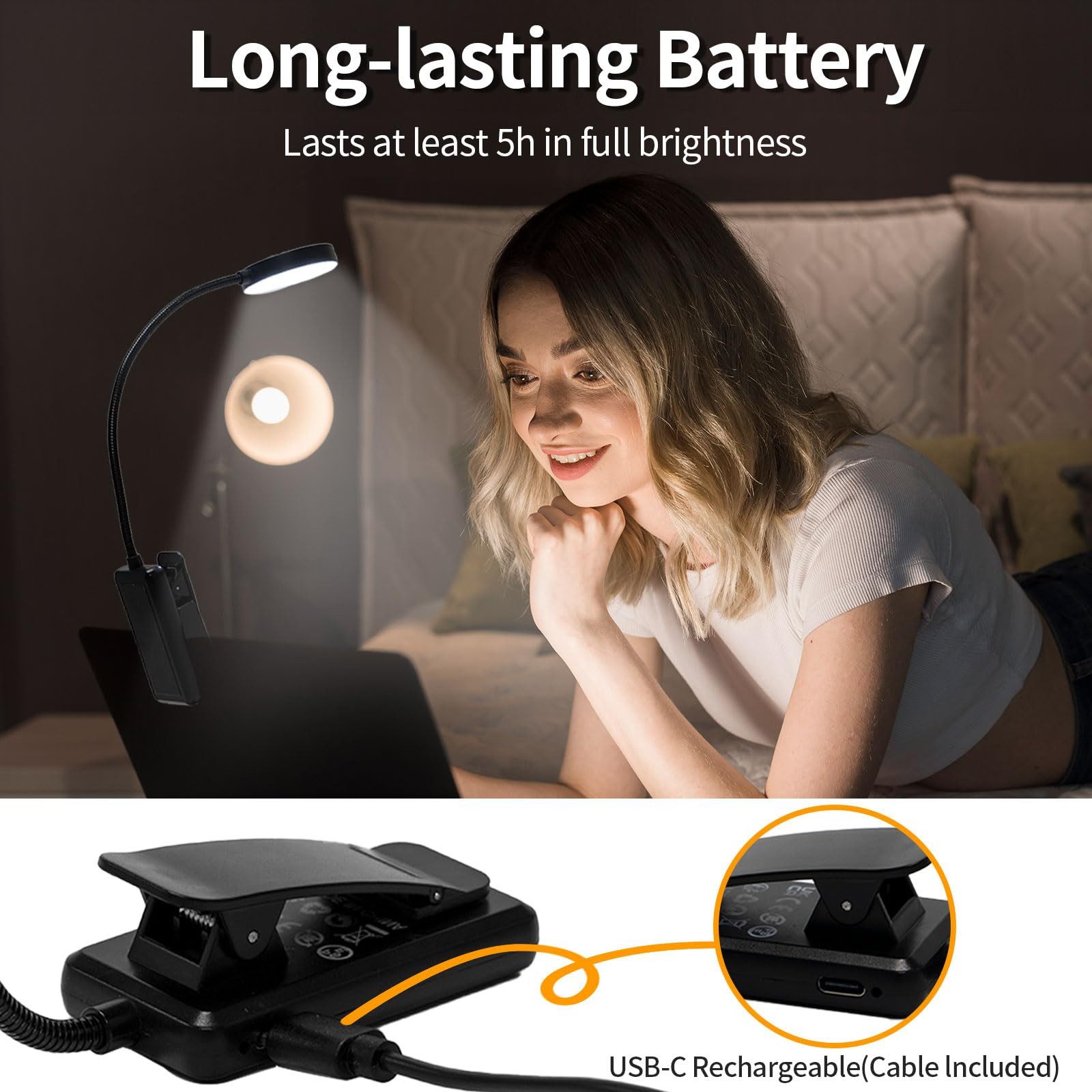 LQWELL LED Leselampe Leselampe Buch Klemme im Bett, USB Wiederaufladbare Leselicht, LED fest integriert, mit 3 Farbtemperaturen, 10 Helligkeitsstufen & Stufenlo – Bild 4 von 5