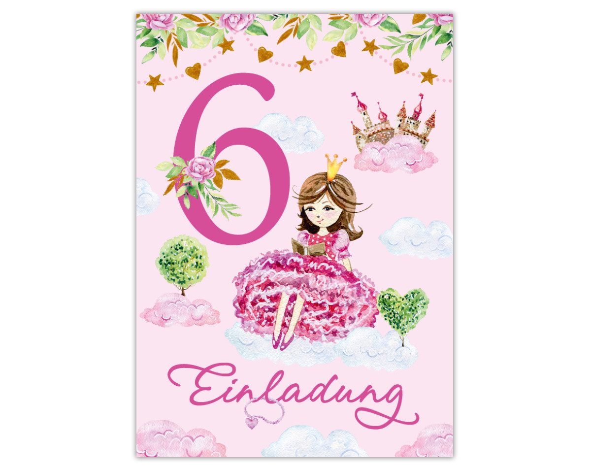 JUNAPACK Einladungskarten Prinzessin Einladungen zum 6. Kindergeburtstag Einhorn Karten Mädchen, Einladungskarten mit Prinzessin Motiv Pferd zum sechsten Geburtstag