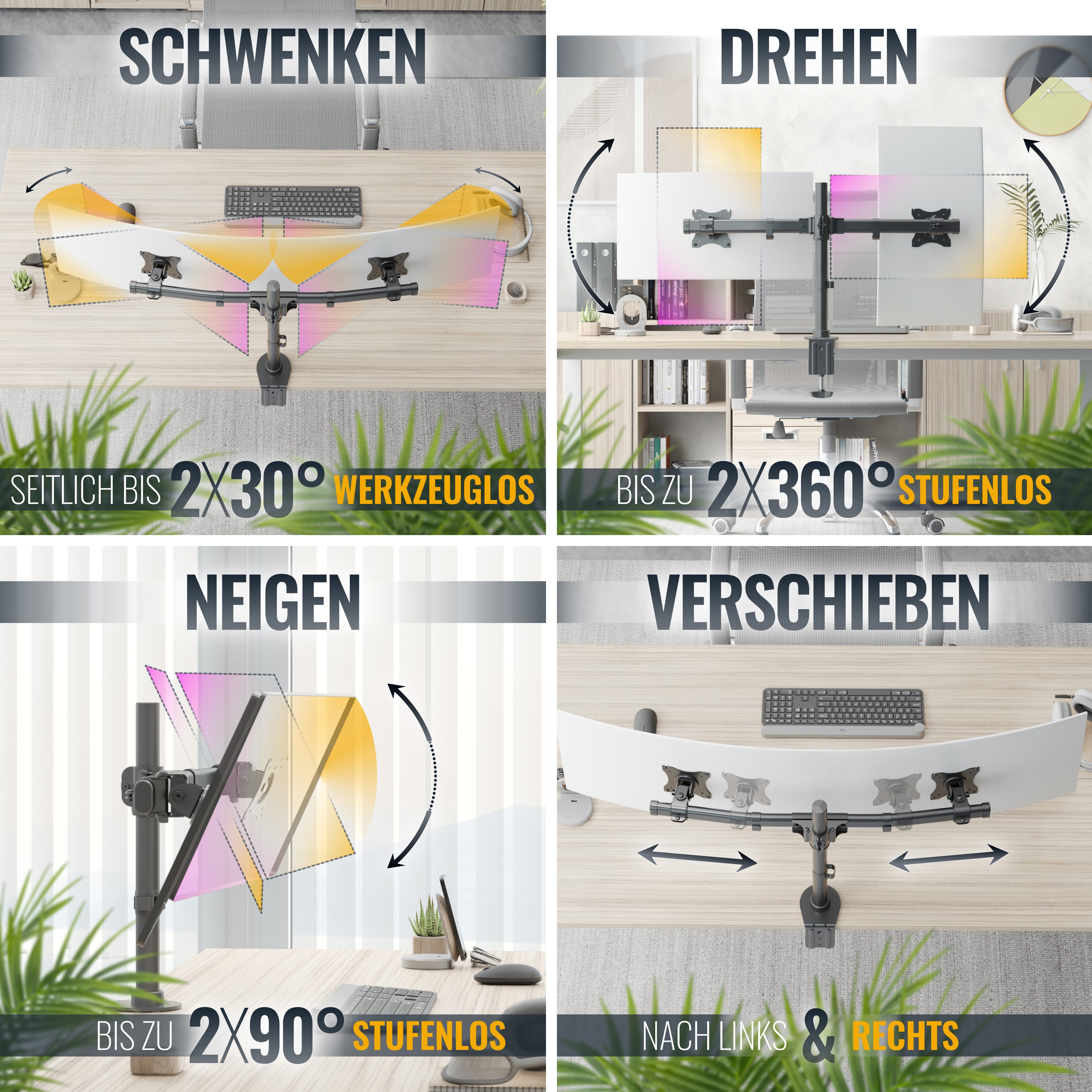 RICOO Monitor-Halterung Monitor Tischhalterung höhenverstellbar, für 2 Monitore TS7811, (bis 27 Zoll, VESA 75x75 und 100x100, 1-tlg., 10 kg pro Frontplatte, von 33-68 cm (13"-27) Bildschirm-Diagonale, neigbar bis 90°, schwenkbar bis zu 30°, vertikal verstellbar)