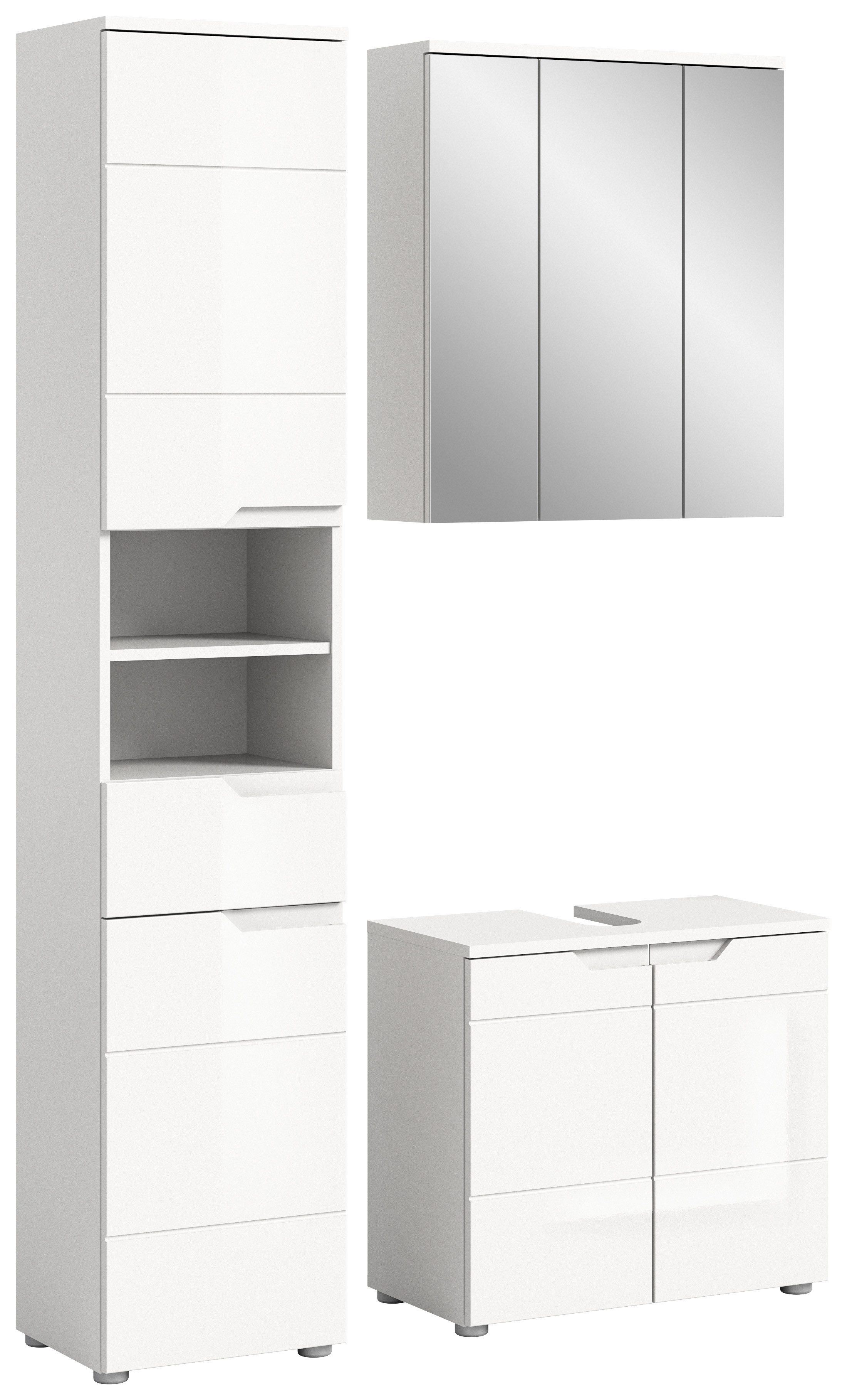 welltime Badmöbel-Set CAPRI, 3-teilig, mit eingefasster Griffmulde, bestehend aus:, Hochschrank, Waschbeckenunterschrank und Spiegelschrank