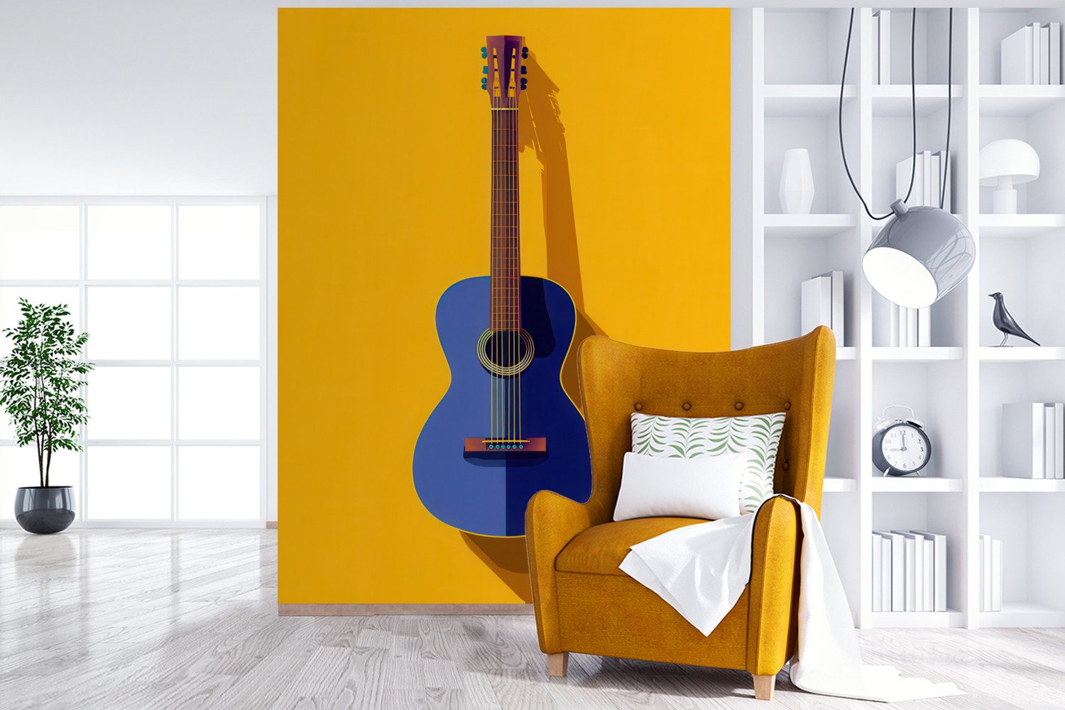 MuchoWow Fototapete Gitarre - Akustisch - Minimalistisch - Gelb, Matt, bedruckt, Wallpaper für Wohnzimmer, Schlafzimmer, Vinyl Tapete, 165x220 cm