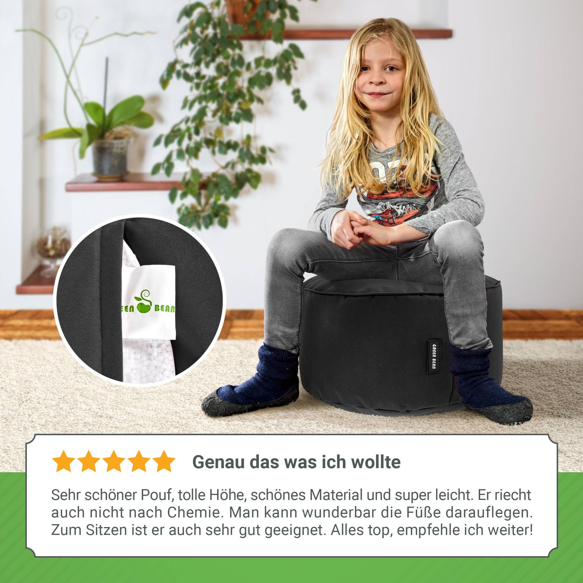 Green Bean Pouf Sitzsack-Hocker Pouf Stay 45x25cm (Sitzsack-Hocker 45x25cm mit EPS-Perlen Füllung -, Fußhocker Fußkissen Sitz-Pouf für Sitzsäcke), die ideale Ergänzung zum Sitzsack