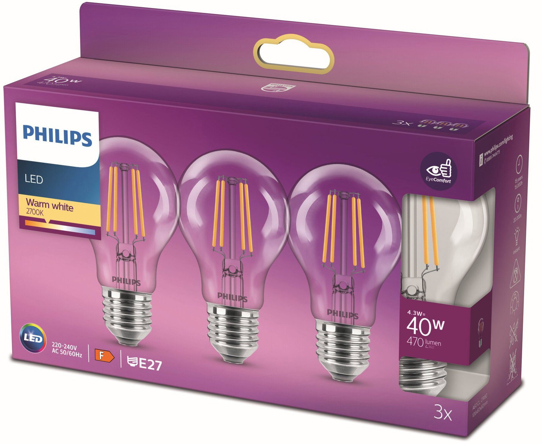 Philips LED-Leuchtmittel Classic Lampe, Warmweiß, 3erPack Warmweiß 40W 470lm E27, klar E27 LED