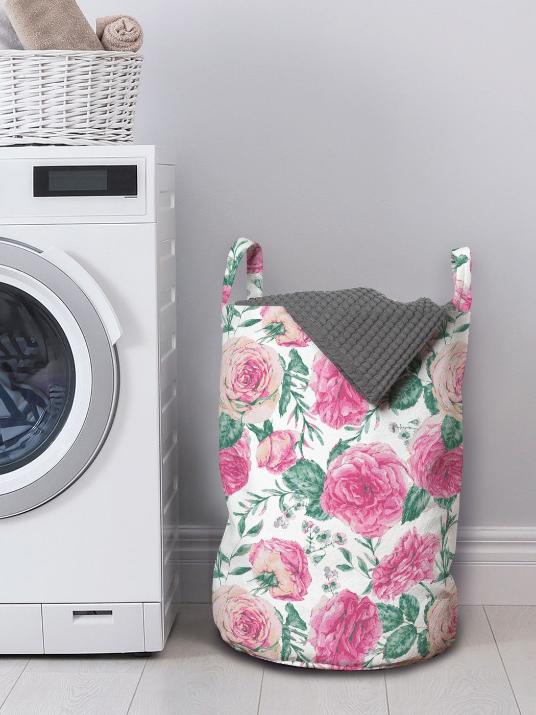 Abakuhaus Wäschesäckchen Wäschekorb Kordelzugverschluss Aquarell Blick Waschsalons, mit Blume Griffen Vintage Rose für