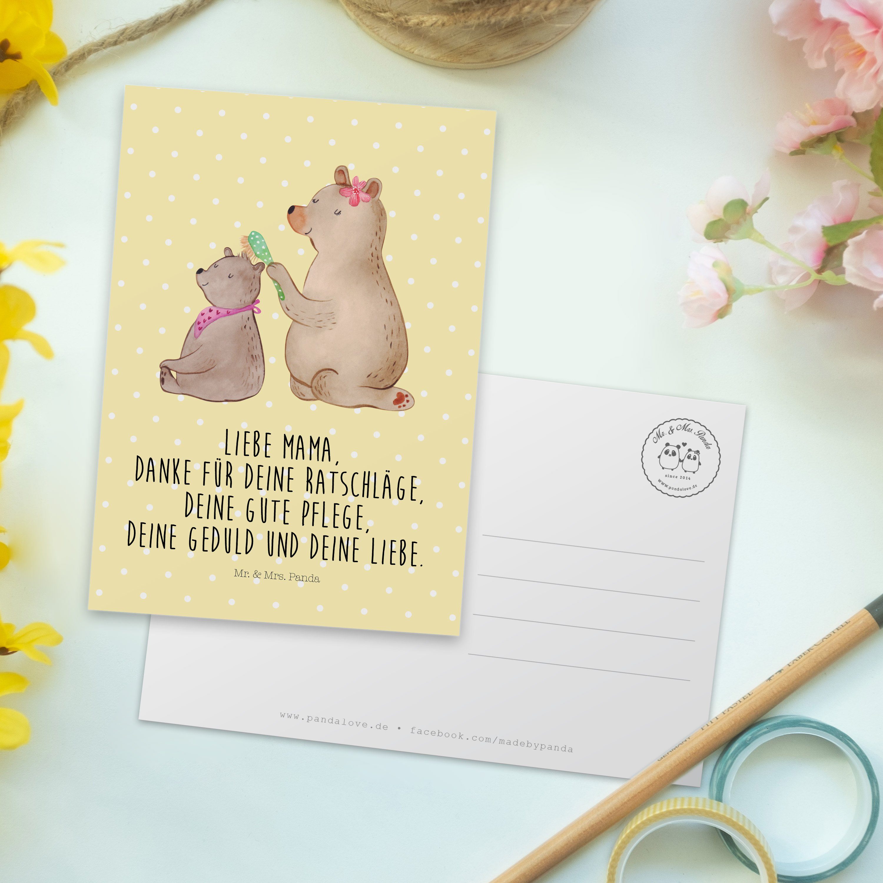 Postkarte Geschenk, Panda - Einladun & Bär Mr. Kind Muttertag, Gelb Vatertag, mit - Pastell Mrs.