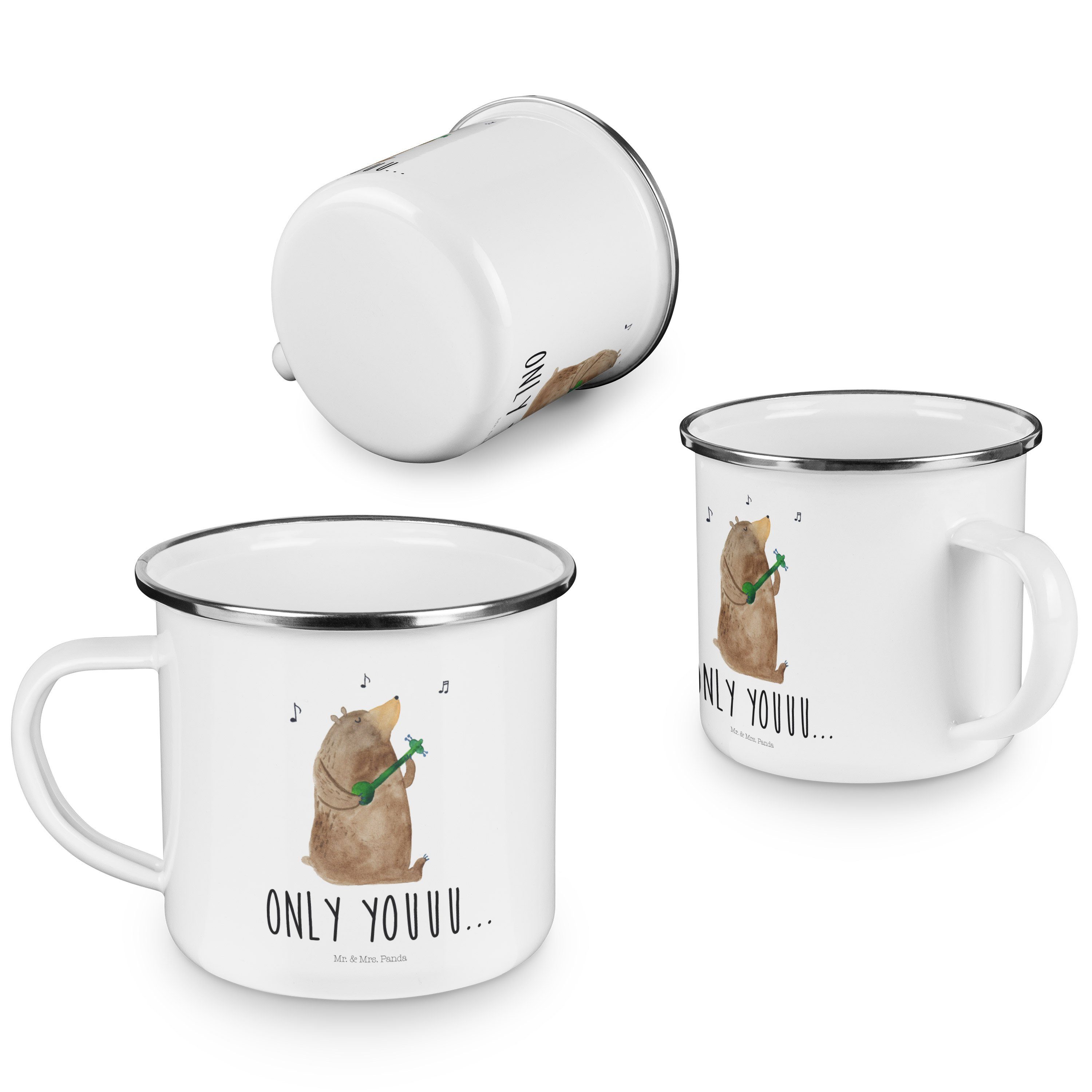 - Becher - Geschenk, Weiß für Camping, Emaille Mr. Out, & Gitarre Metalltasse Teddybär, Mrs. Bär Panda