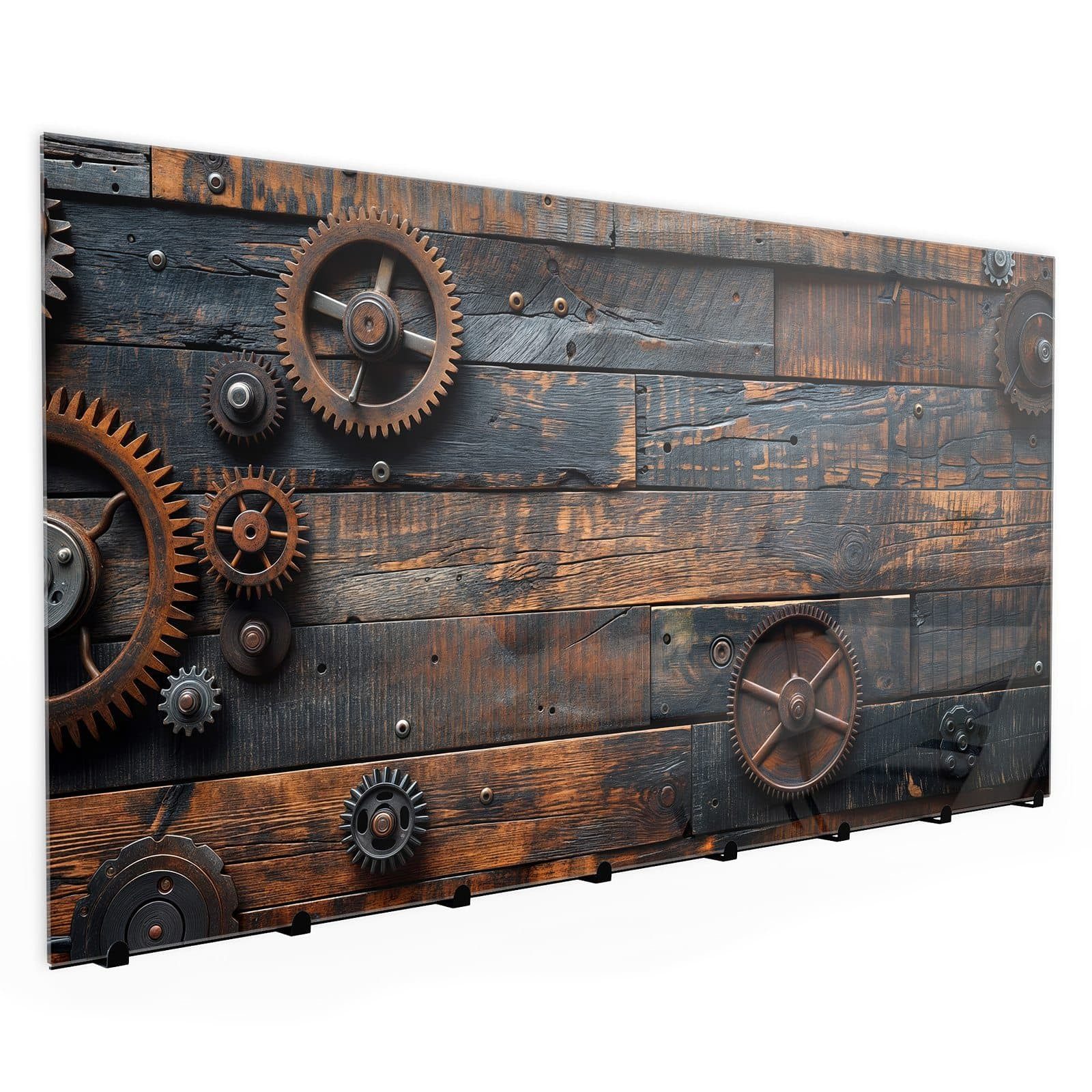 Primedeco Garderobenpaneel Kleiderhaken aus Glas Holz und Zahnräder (1 St., Inkl. Magnete, Stifte und Montagematerial), Magnetisch & Beschreibbar