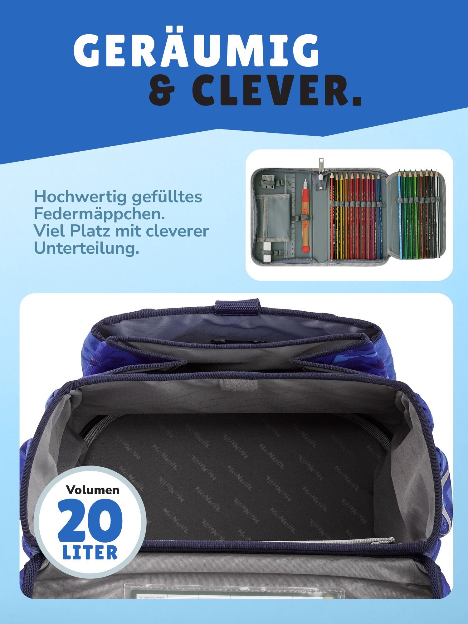 McNeill Schulranzen Ergo Complete "Puzzle" Ninja Schultasche Blau ab der 1. Klasse (Set, 9-tlg., inkl. Federmappe und Sporttasche), ergonomisch, mit Brustgurt,  – Bild 5 von 5