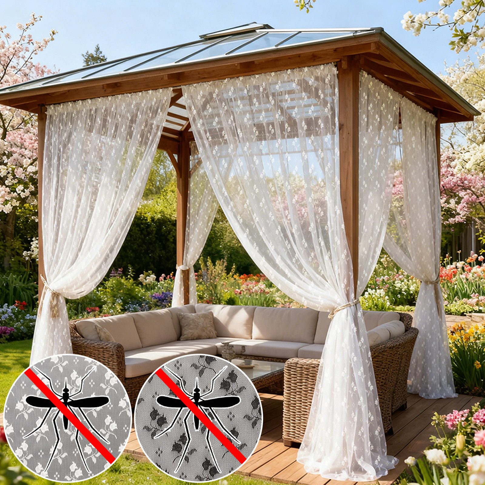 Rosnek Gardine Outdoor Moskitonetz Vorhang Balkon/Terrasse, Floral Design (2 St), 1/2er Set Pavillon Gardine, wind- & regendicht, Stangendurchzug