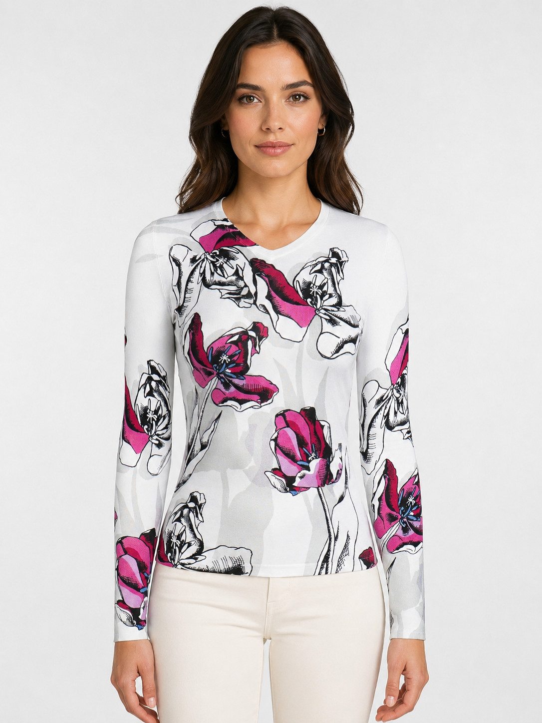 Passioni Strickpullover in weiß mit pink schwarzen Blüten
