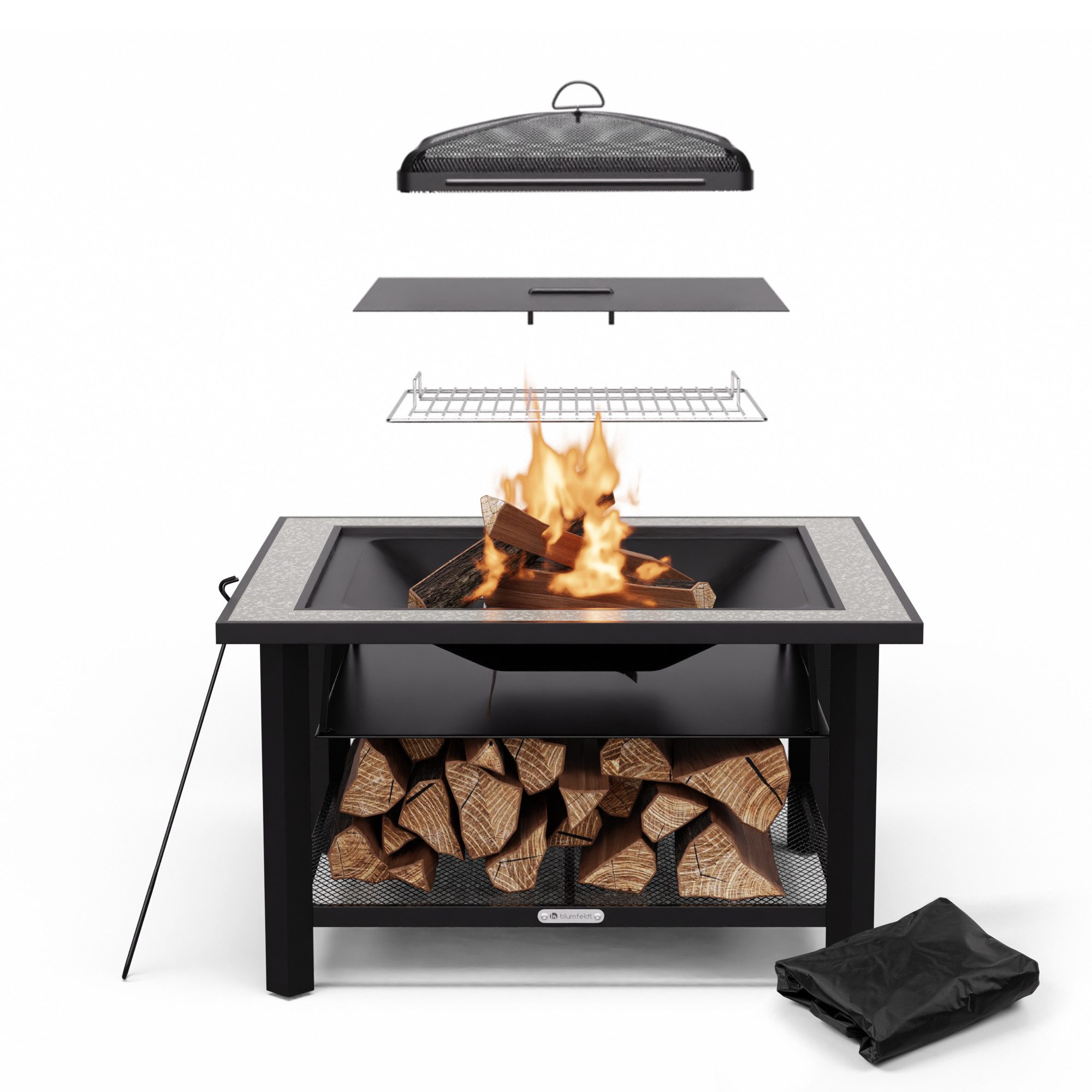 blumfeldt Feuerschale Merano Rectangular, (Set, Set), Garten Grill Tisch Funkenschutz Feuerkorb Feuerstelle Outdoor