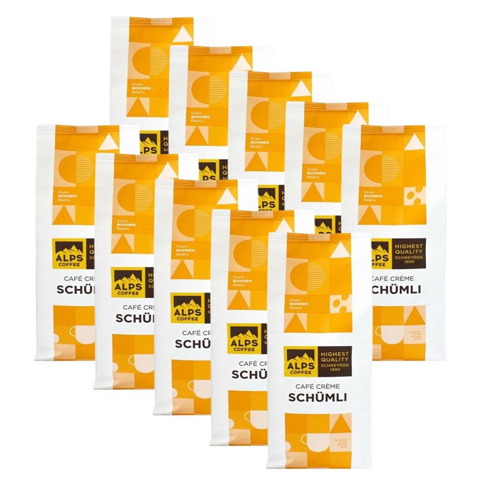 Alps Coffee Kaffee Café Crème Schümli Bohnen 10x 1kg Kaffeebohnen, 10 x 1000 g, helle, feine Crema