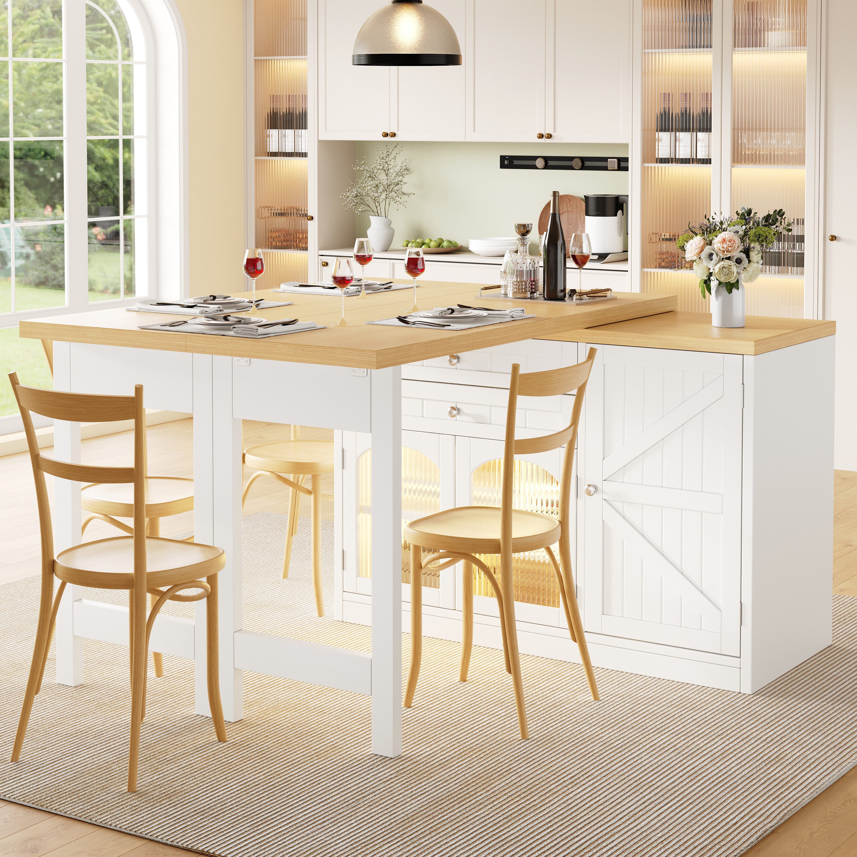 Flieks Kücheninsel Küchenschrank mit 360° drehbarer Esstisch, klappbarer Arbeitsplatte, (Holzoptik Tischplatte Tiefe 40-80cm, Längenverstellbar 120-194cm), ausziehbar Arbeitstisch&Mehrzweckschrank mit LED-Beleuchtung Weiß