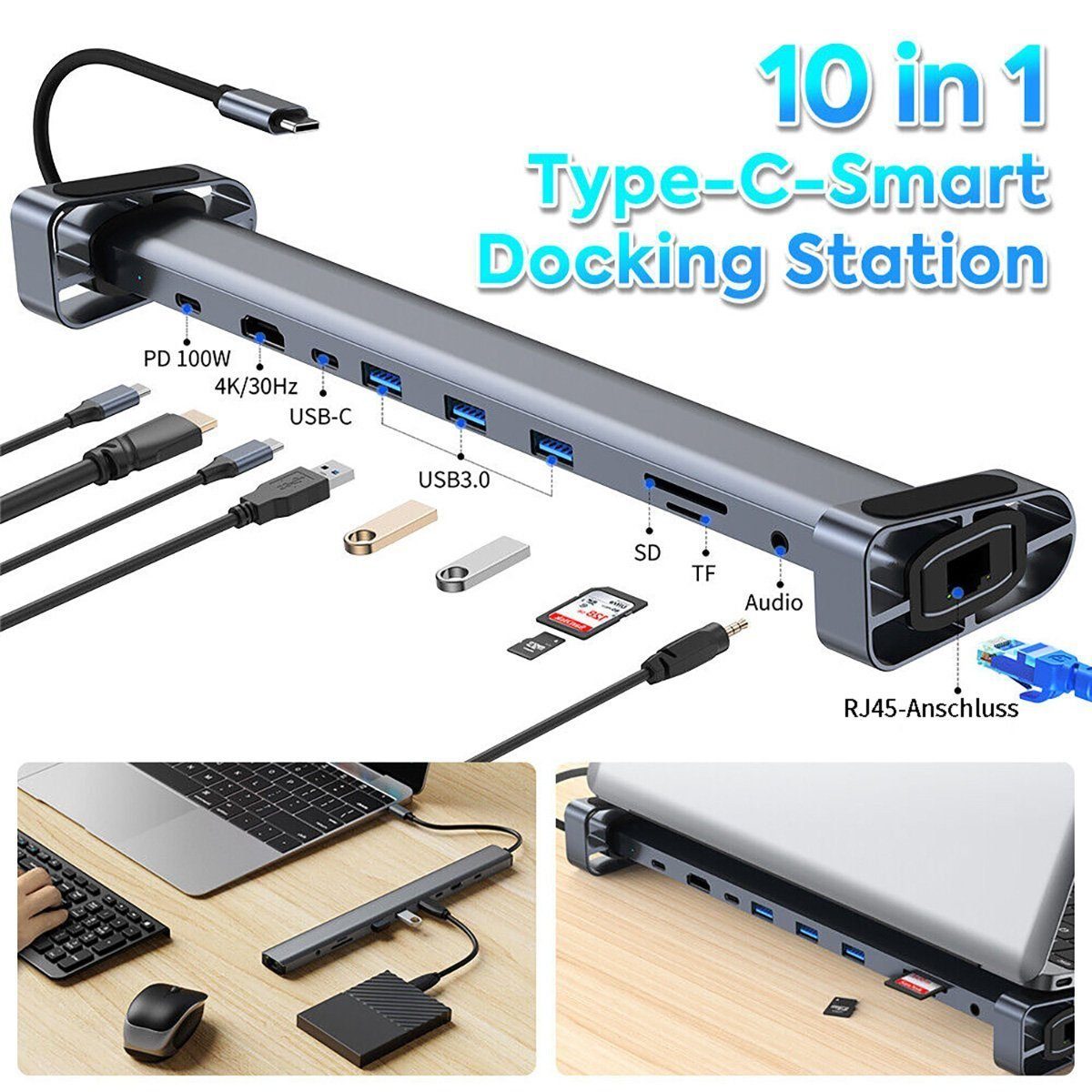 yozhiqu Laptop-Dockingstation 10-in-1-Adapter für Laptop-Dockingstation, USB-C-HUB zu 4K HDMI USB 3.0 PD 100 W