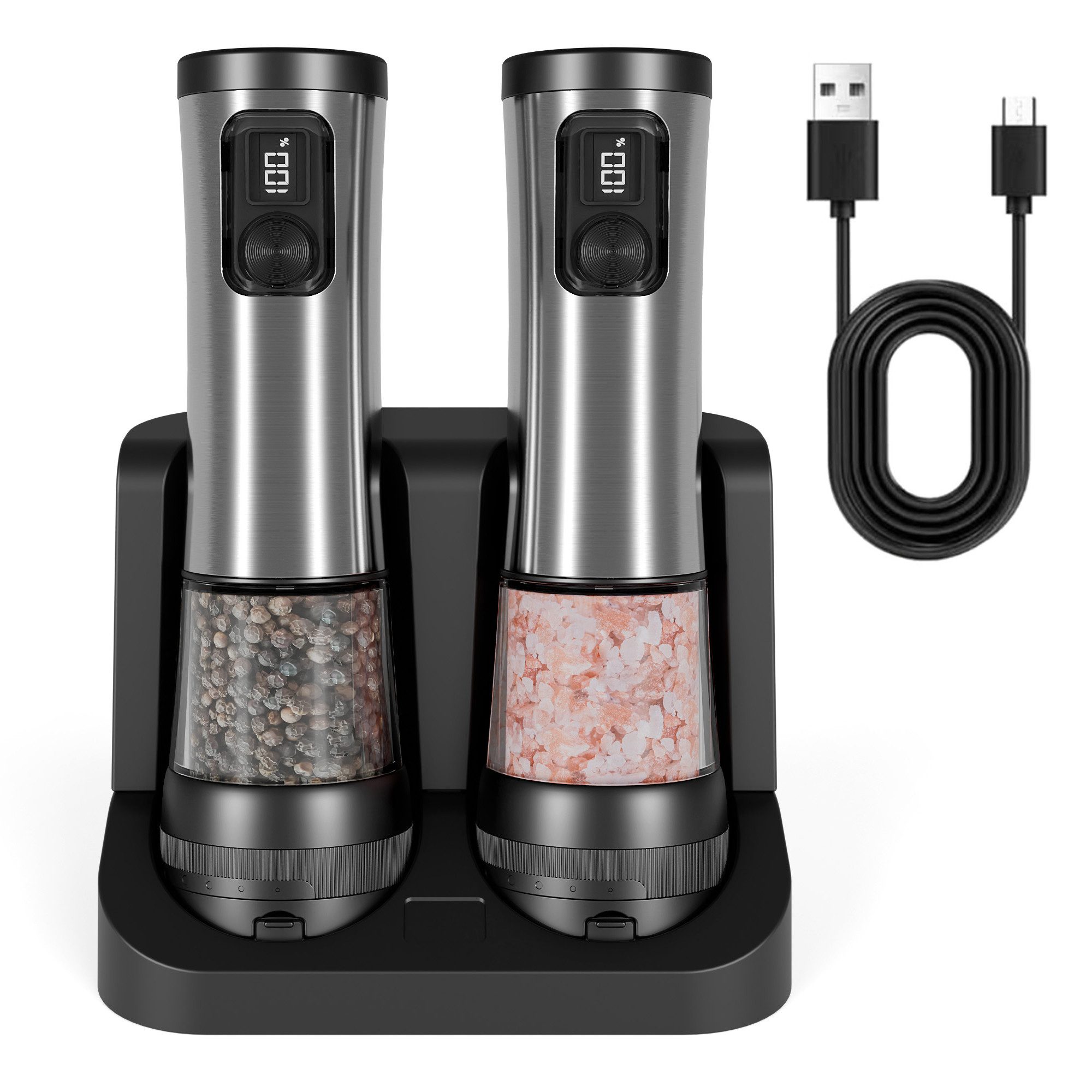 Salz-/Pfeffermühle Elektrische Salz- und Pfeffermühle im 2er-Set, USB wiederaufladbar