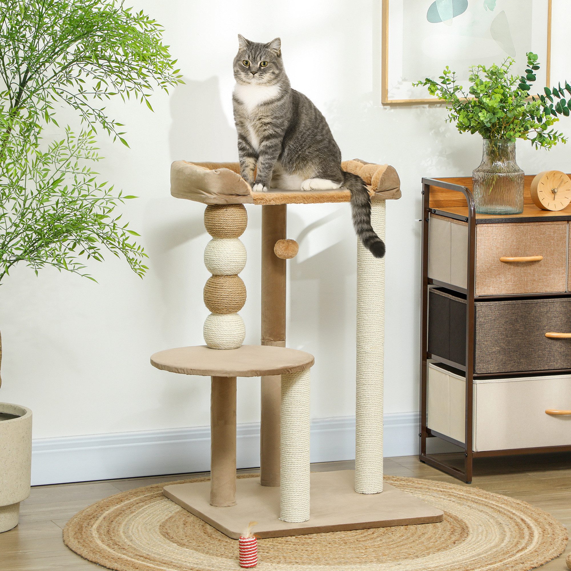 PawHut Kratzbaum 86 cm, mit Sprungplattform, Bett, Spielball, Jute-Kratzsäulen, für Katzen bis 7 kg, Kaffee