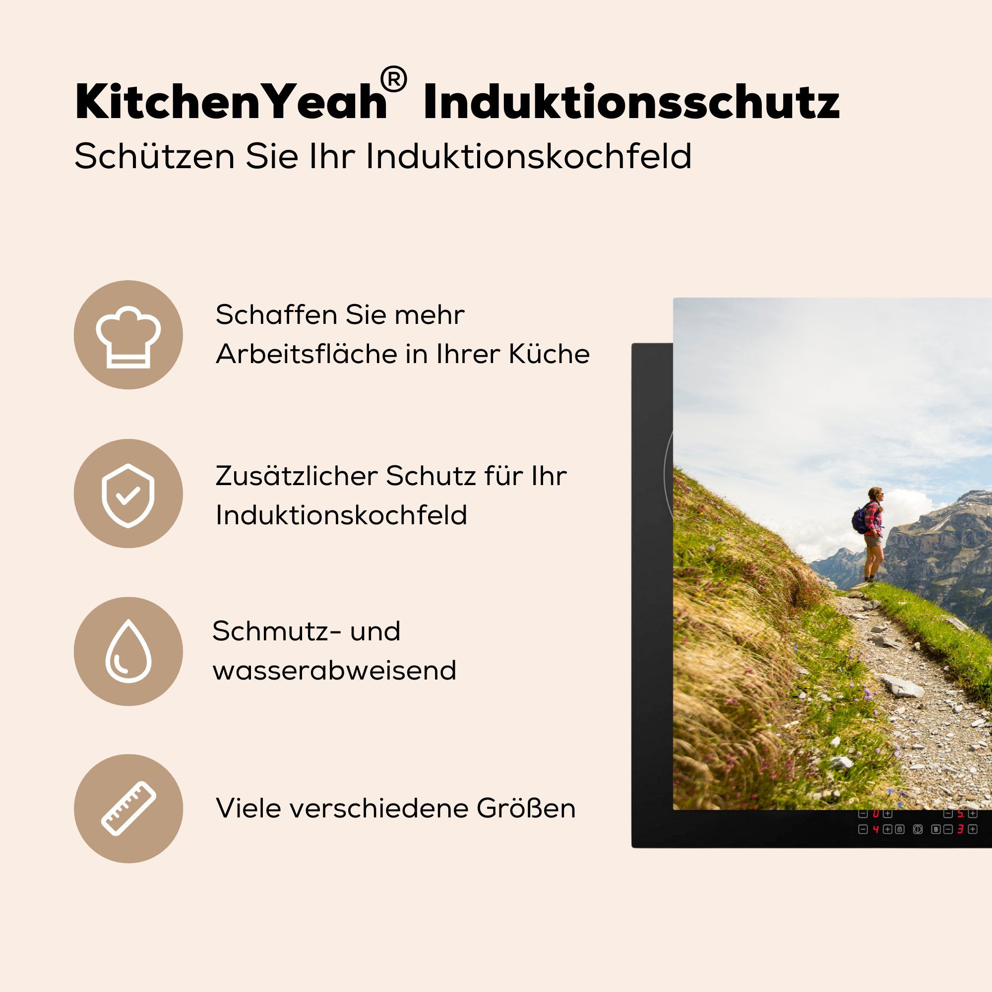 MuchoWow Herdblende-/Abdeckplatte 81x52 die in tlg), küche, einer den Bergen Vinyl, Schutz Induktionskochfeld Ceranfeldabdeckung Wandern für Schweizer cm, (1 Landschaft