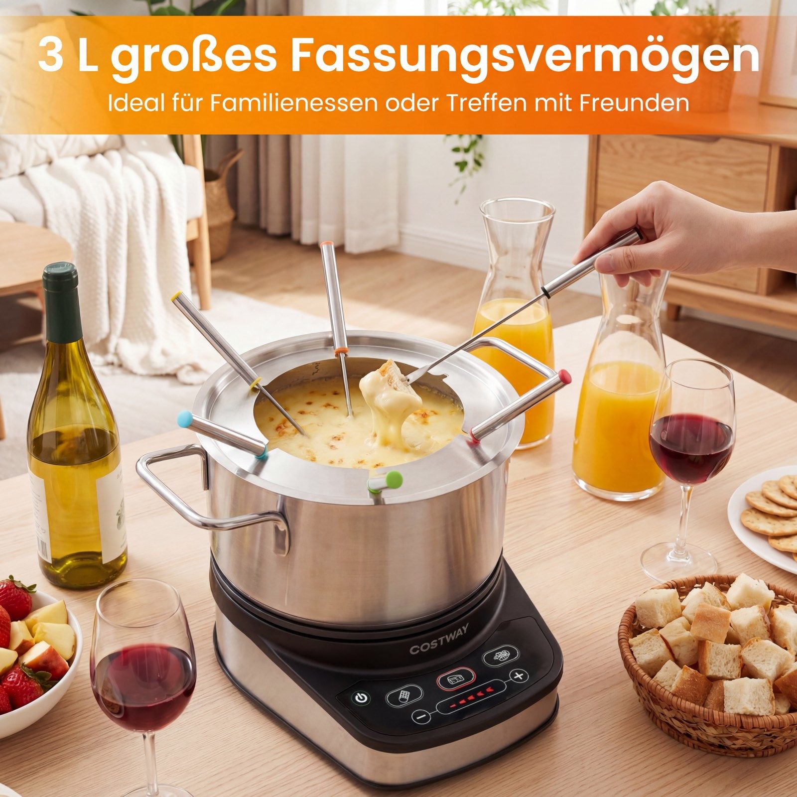COSTWAY Elektro-Fondue, 1200W Fondueset mit 3L Edelstahltopf & 6 Gabeln