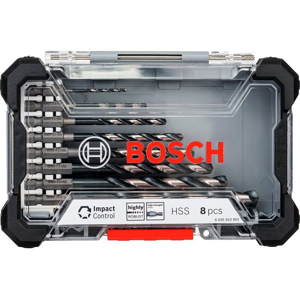Bosch Professional Bohrersatz Impact Control HSS, (Set, 8-tlg), Länge 60 mm  (bei 2 mm Bohrer) bis 133 mm (10 mm Bohrer), Materialeignung: Blech,  Gusseisen, Kunststoff, Metall, Acrylglas