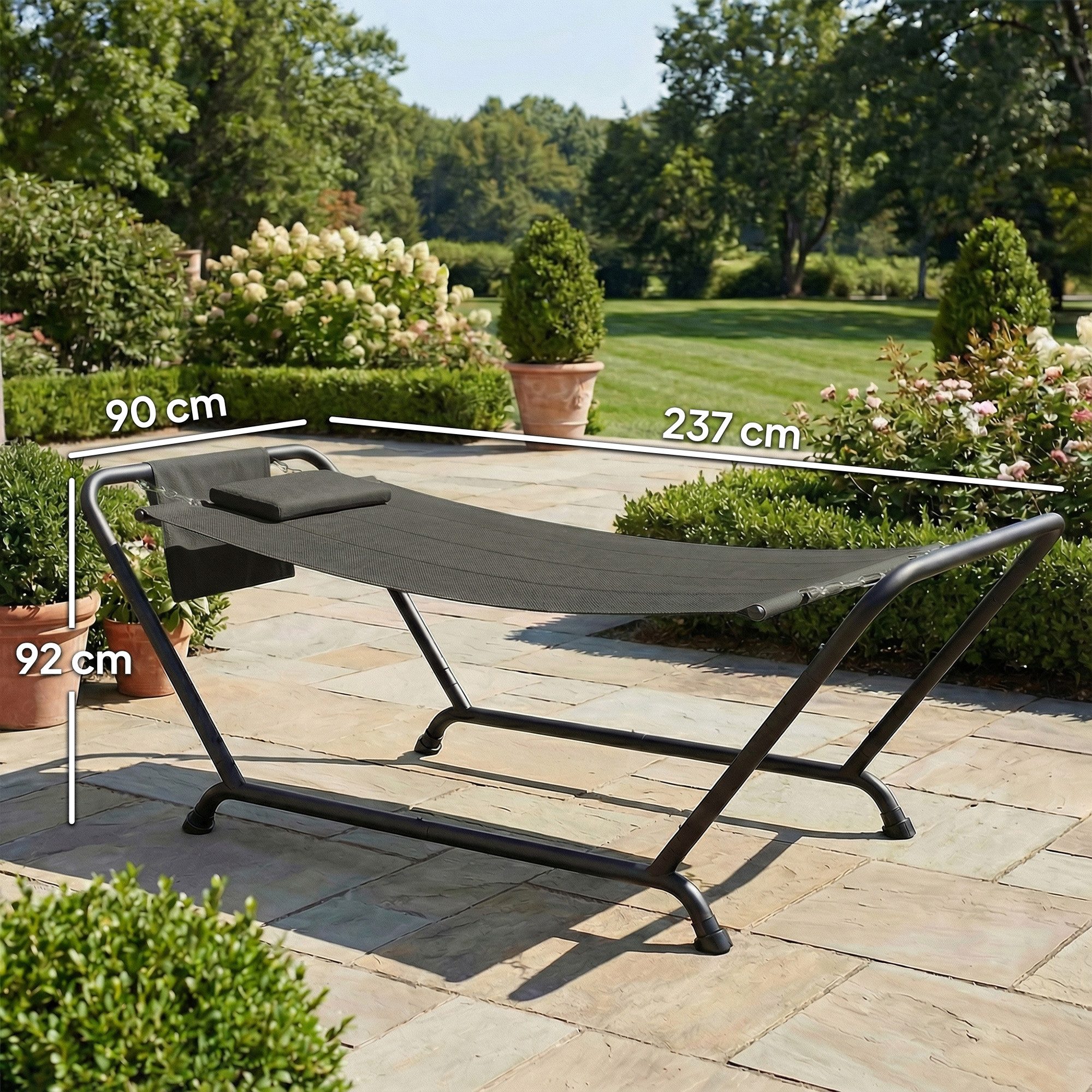 Outsunny Hängematte mit Seitentasche, Kopfstütze, Metallrahmen (Outdoor-Matte, 1 St., Stabhängematte), für Indoor & Outdoor Garten Balkon Terrasse Dunkelgrau