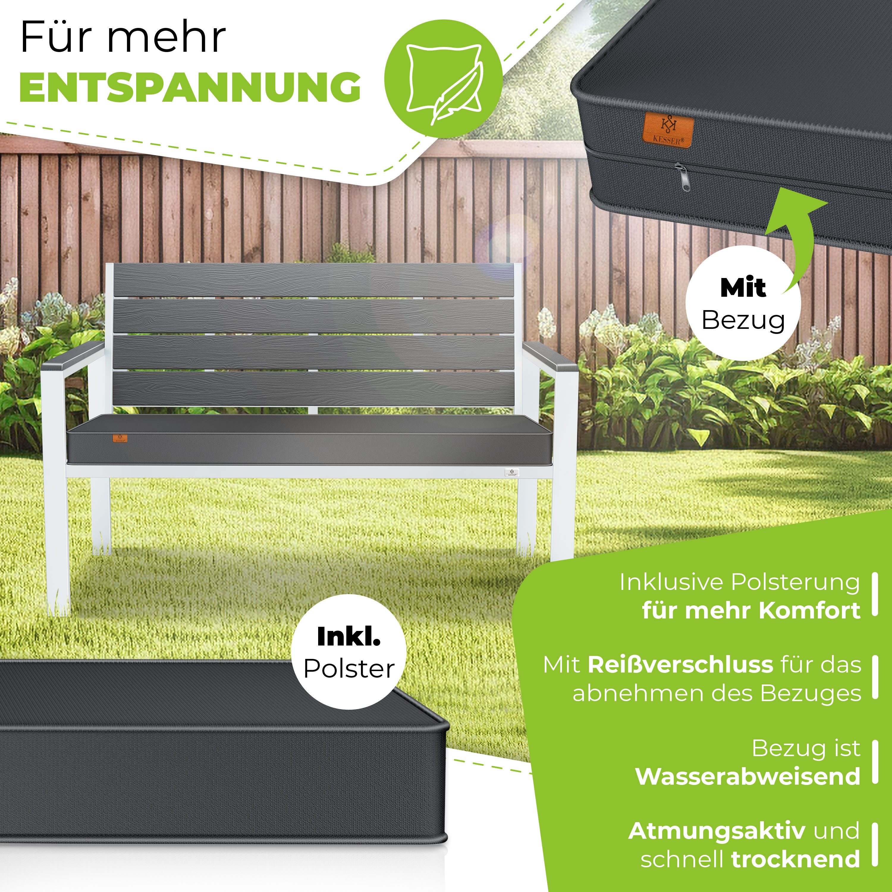 KESSER Gartenbank 2-Sitzer Balkonbank in Holzoptik bis 300 kg belastbar (Parkbank inkl. abnehmbarem & waschbarem Sitzpolster & Montagezubehör), UV-beständige Sitzbank für Garten, Terrasse & Balkon