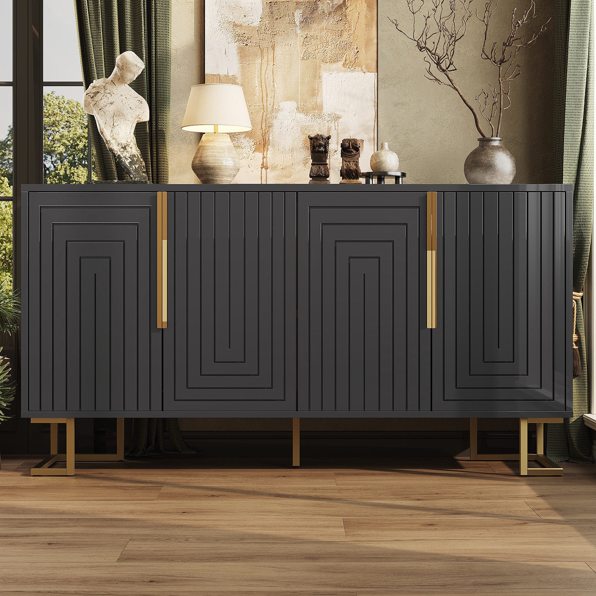 Flieks Sideboard mit 4 Türen Weiß/Schwarz günstig online kaufen