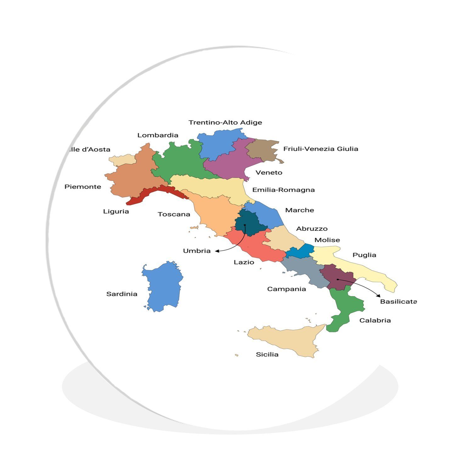 (1 St), Wanddekoration Karte Wandbild, MuchoWow Rundes Gemälde Regionen der Italiens, Forex, cm 30x30 Kreis Wohnzimmer,