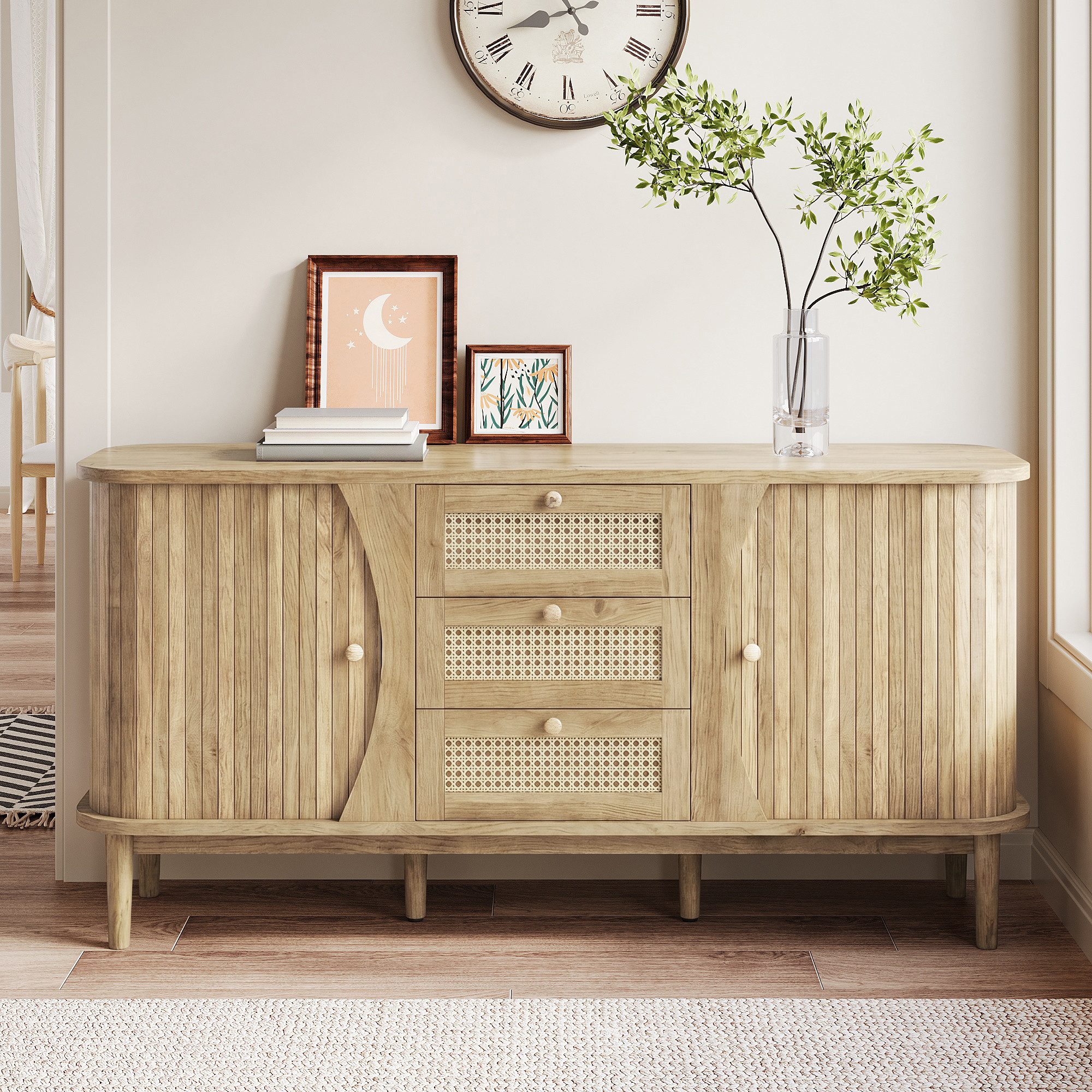 KLAM HOME Sideboard Rattankommode, Kommode mit Schiebetüren, mit verstellbaren Einlegeböden und abgerundeter Platte