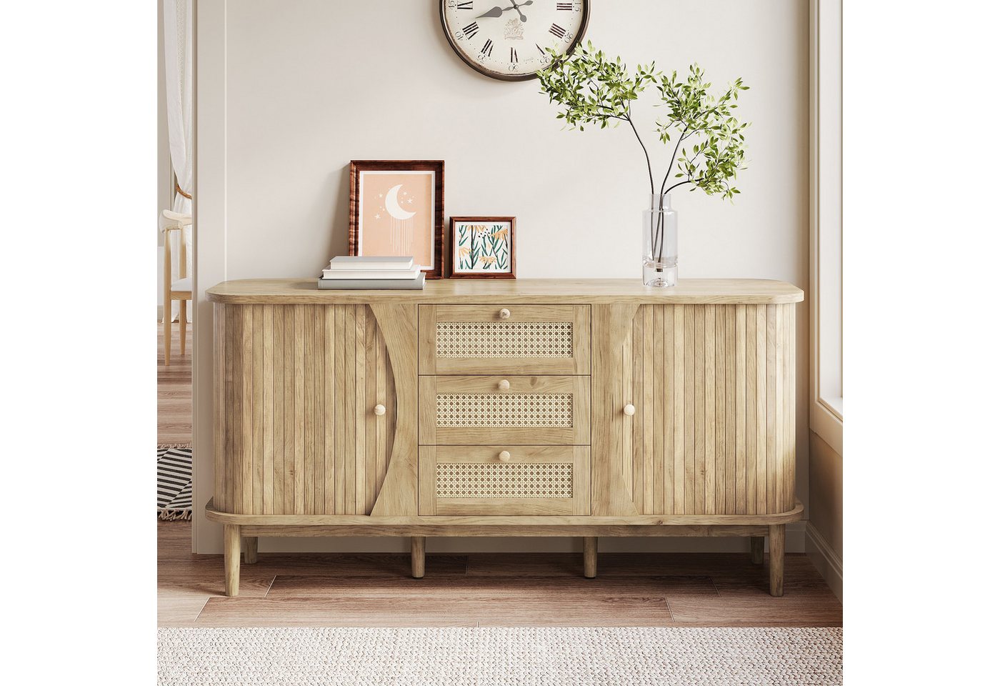 KLAM HOME Sideboard Rattankommode, Kommode mit Schiebetüren, mit verstellbaren Einlegeböden und abgerundeter Platte