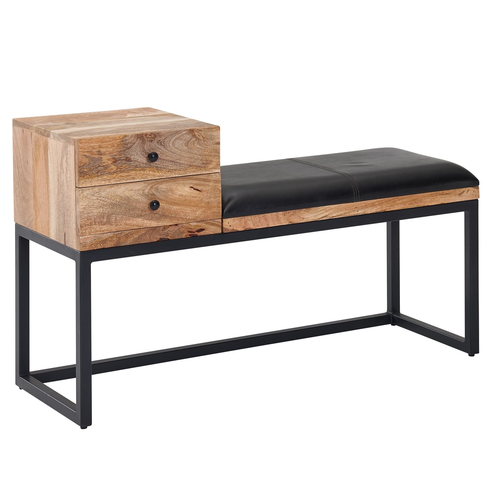 Wohnling Polsterbank WL6.483 Sitzbank Echtleder Holz Massiv 100cm Flurbank Stauraum Ban (Ziegenleder / Massivholz Bank 100x60x35 cm Retro), Flur Polsterbank mit Stauraum, Lederbank Schwarz