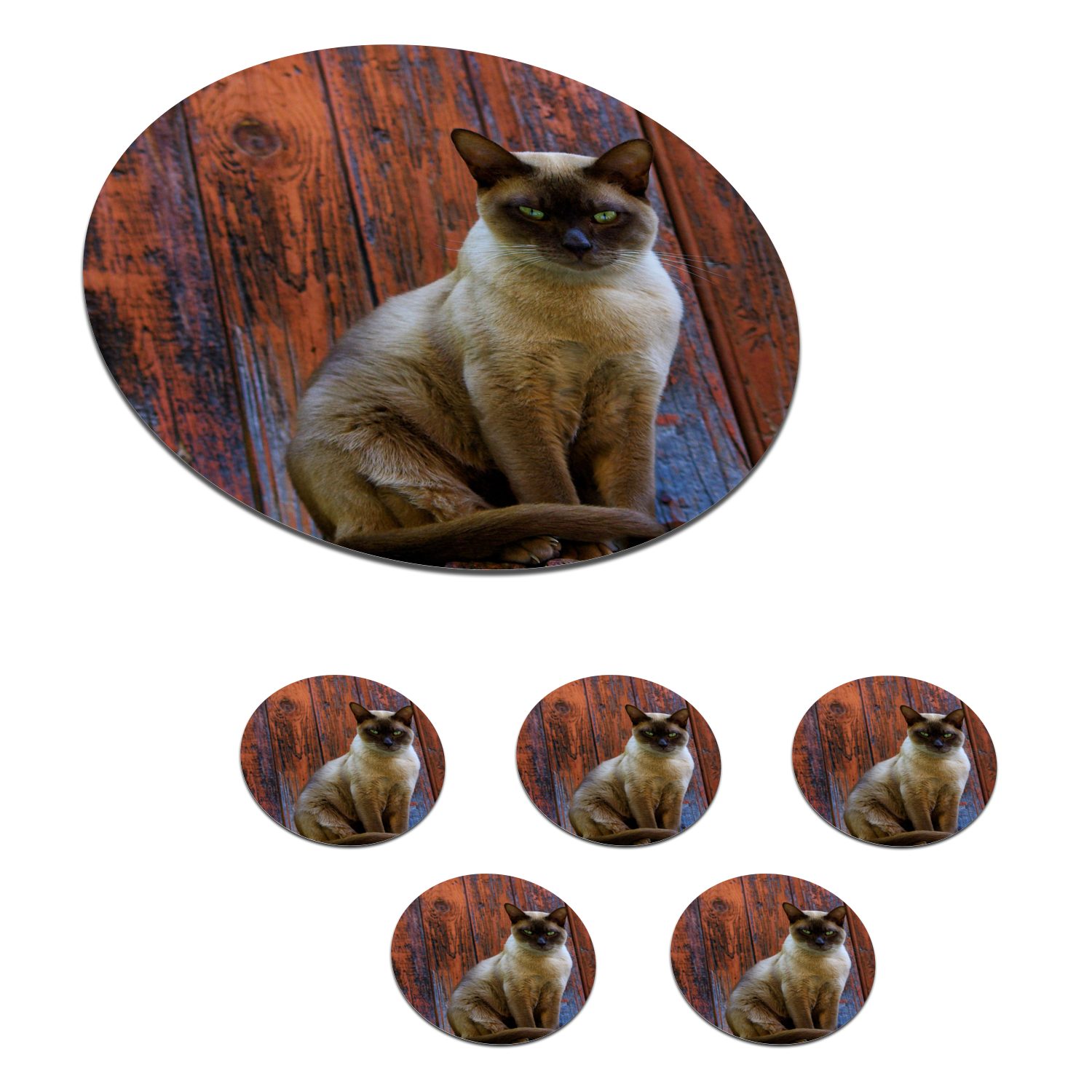 MuchoWow Glasuntersetzer Siamesische Katze mit grünen Augen auf einem hölzernen Hintergrund, Zubehör für Gläser, 6-tlg., Getränkeuntersetzer, Tassenuntersetzer, Korkuntersetzer, Tasse, Becher